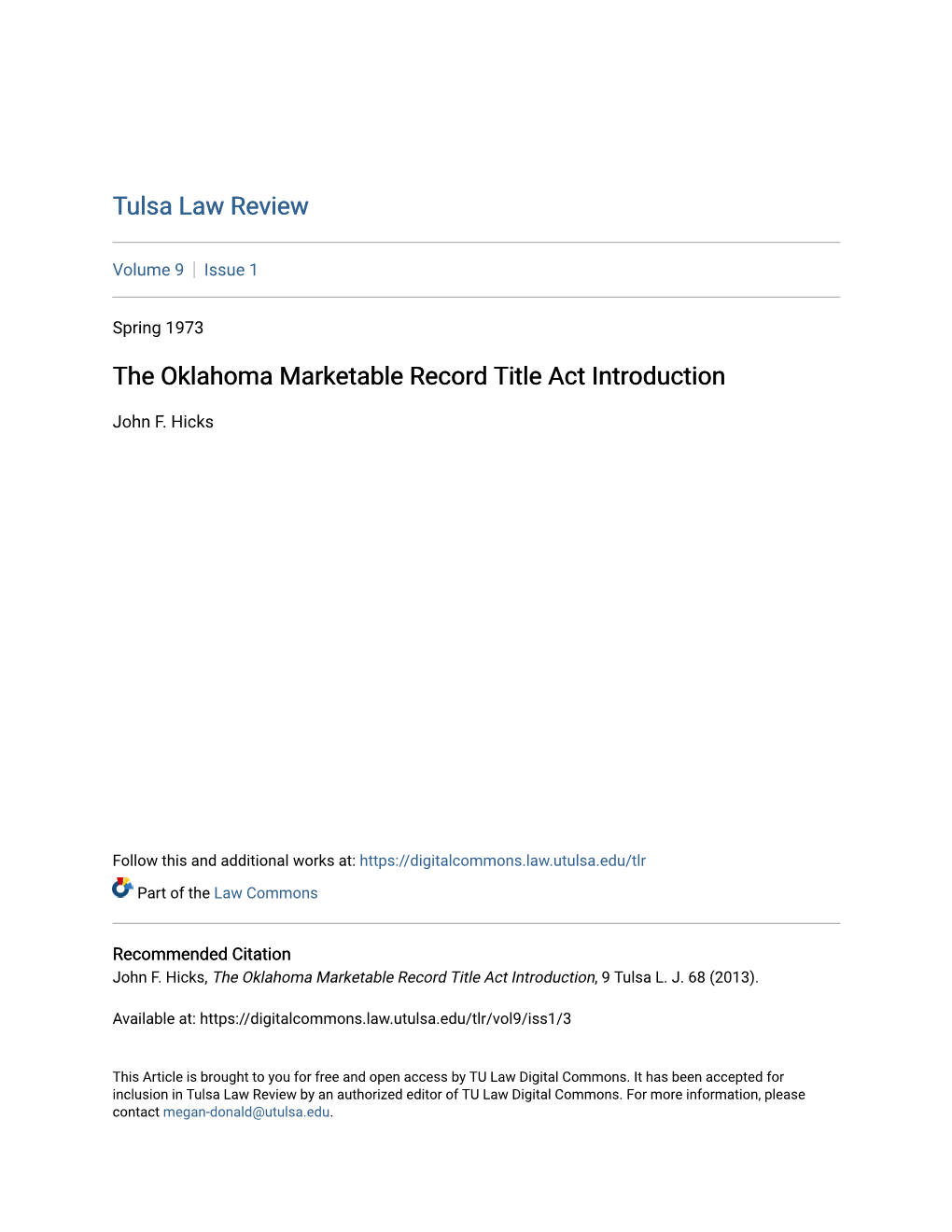 The Oklahoma Marketable Record Title Act Introduction