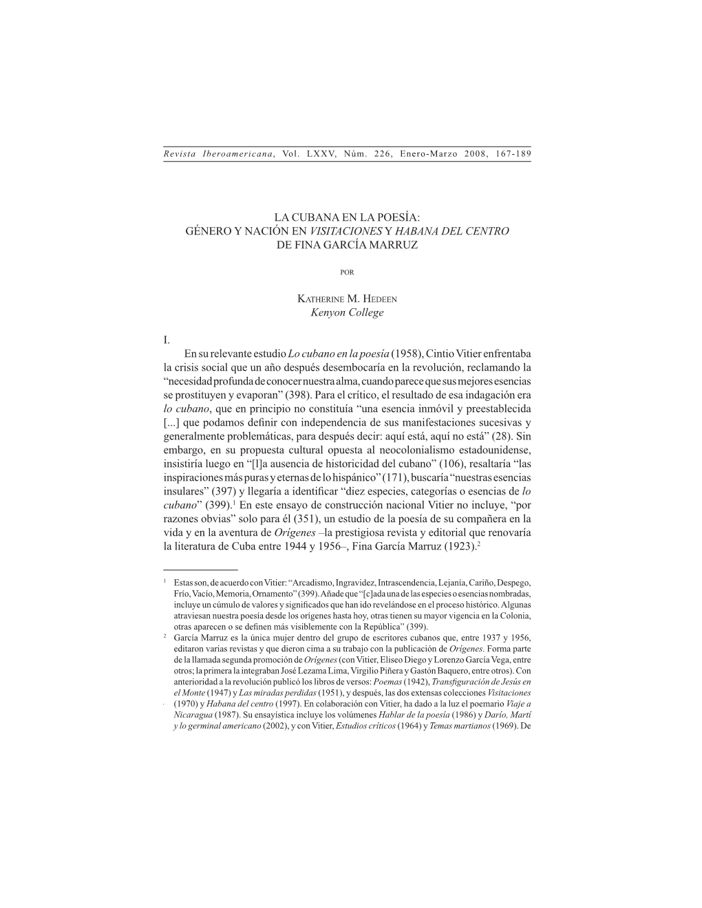 La Cubana En La Poesía: Género Y Nación En Visitaciones Y Habana Del Centro De Fina García Marruz