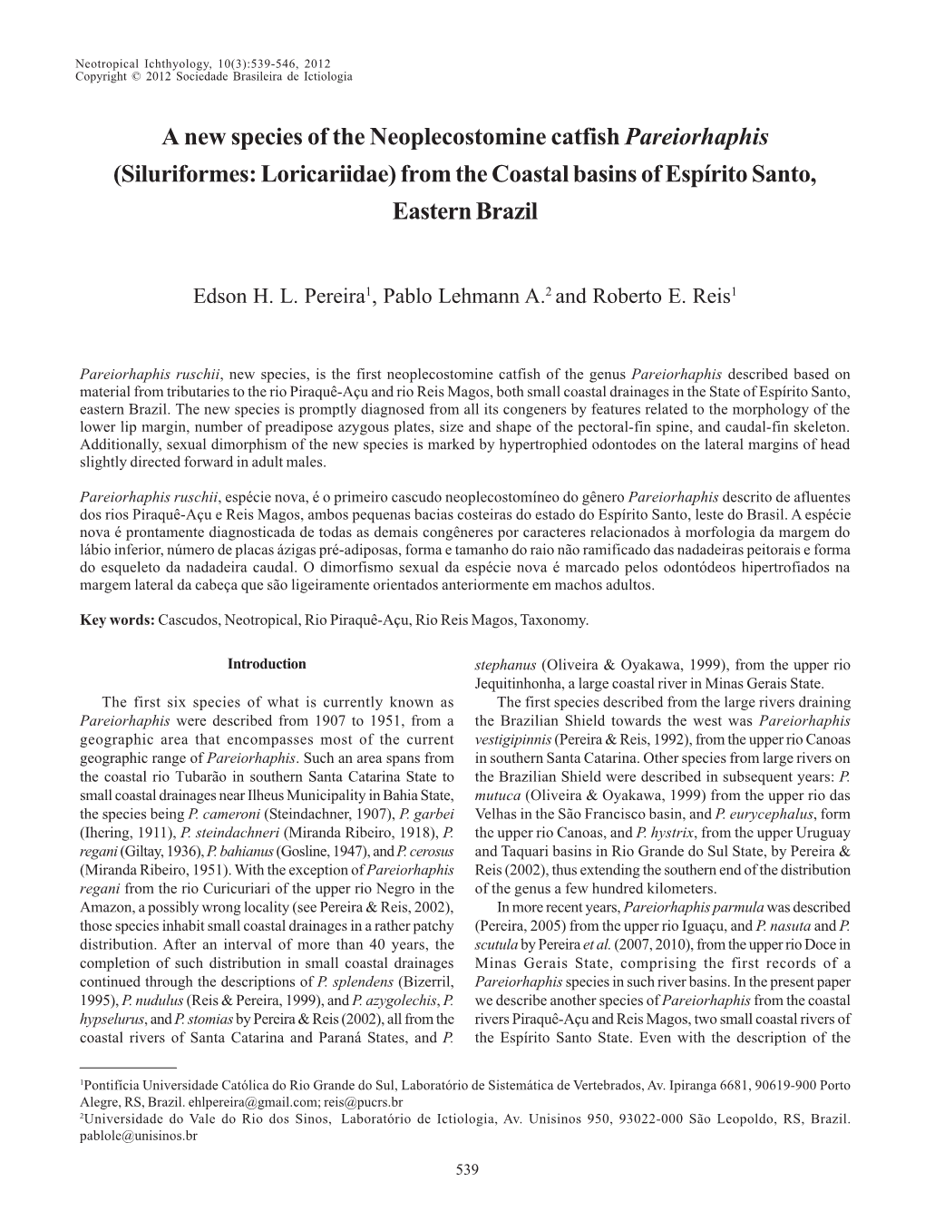 Siluriformes: Loricariidae) from the Coastal Basins of Espírito Santo, Eastern Brazil