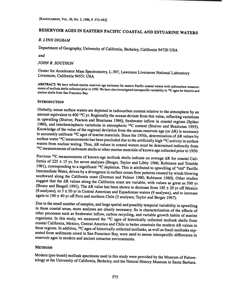 Reservoir Ages in Eastern Pacific Coastal and Estuarine Waters B