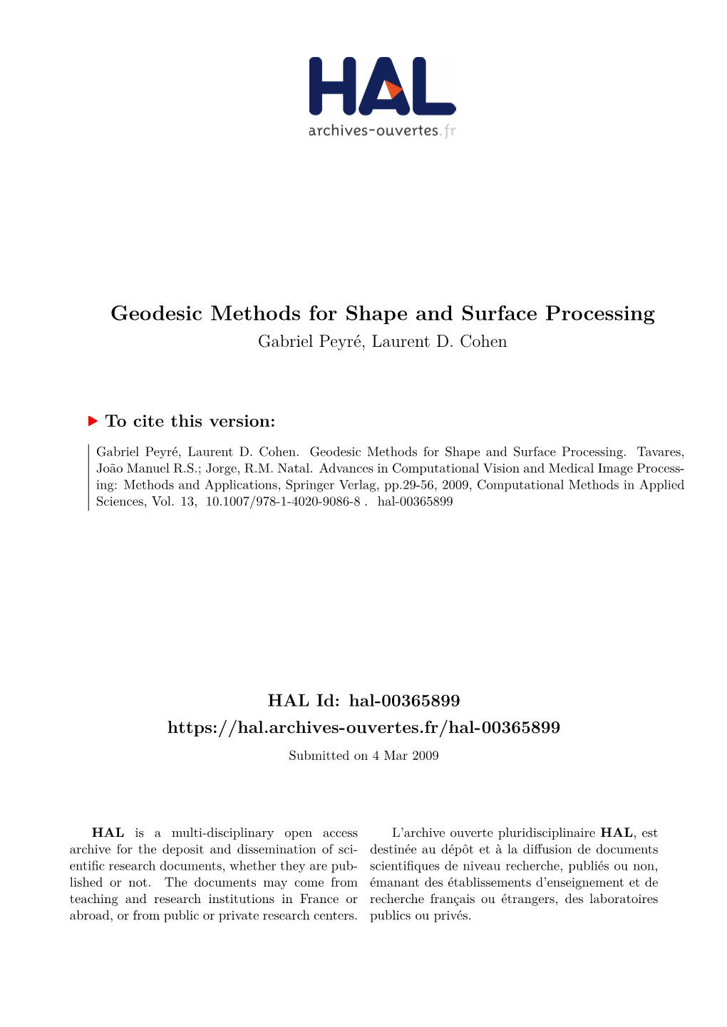 Geodesic Methods for Shape and Surface Processing Gabriel Peyré, Laurent D