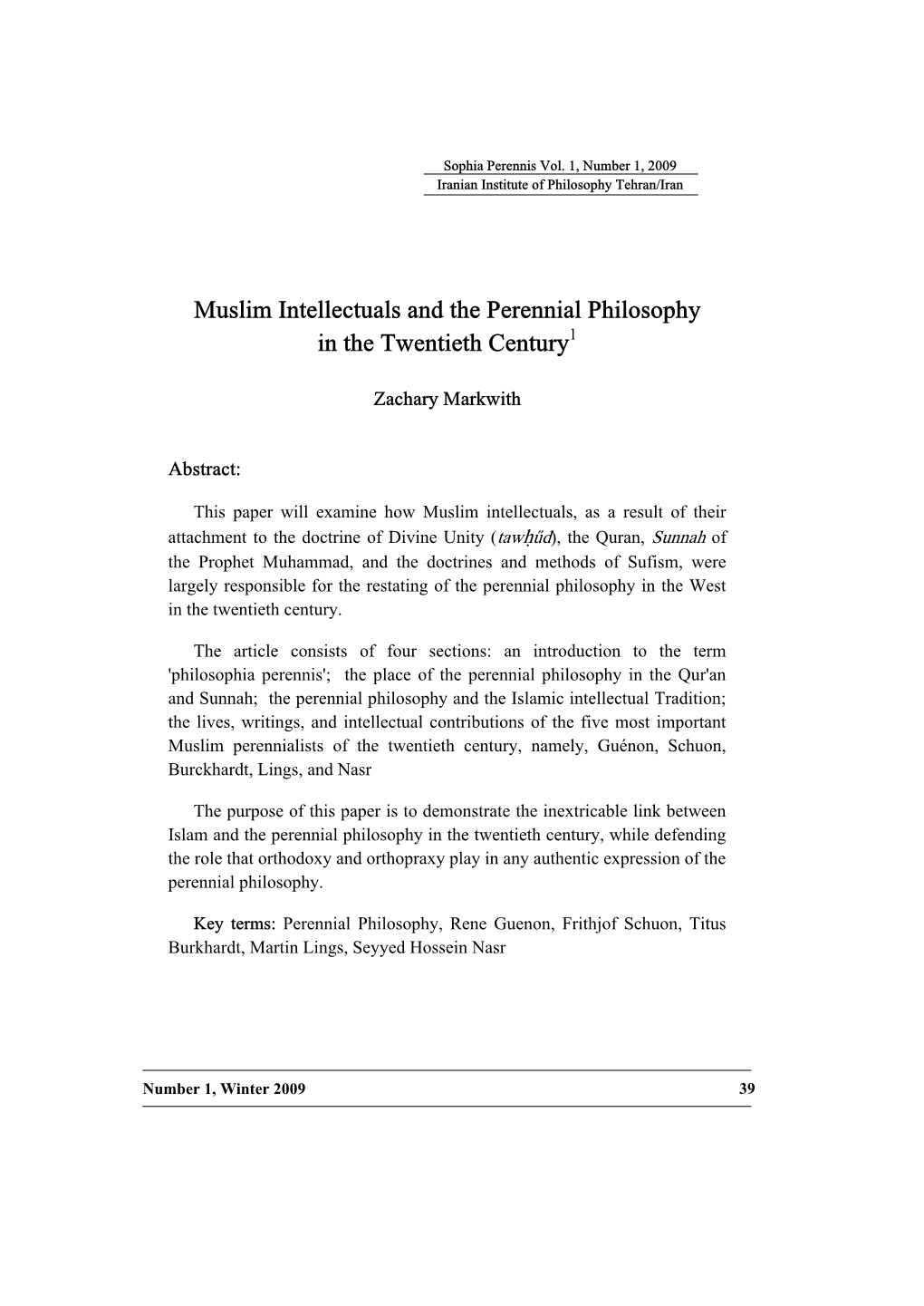 Muslim Intellectuals and the Perennial Philosophy in the Twentieth Century1