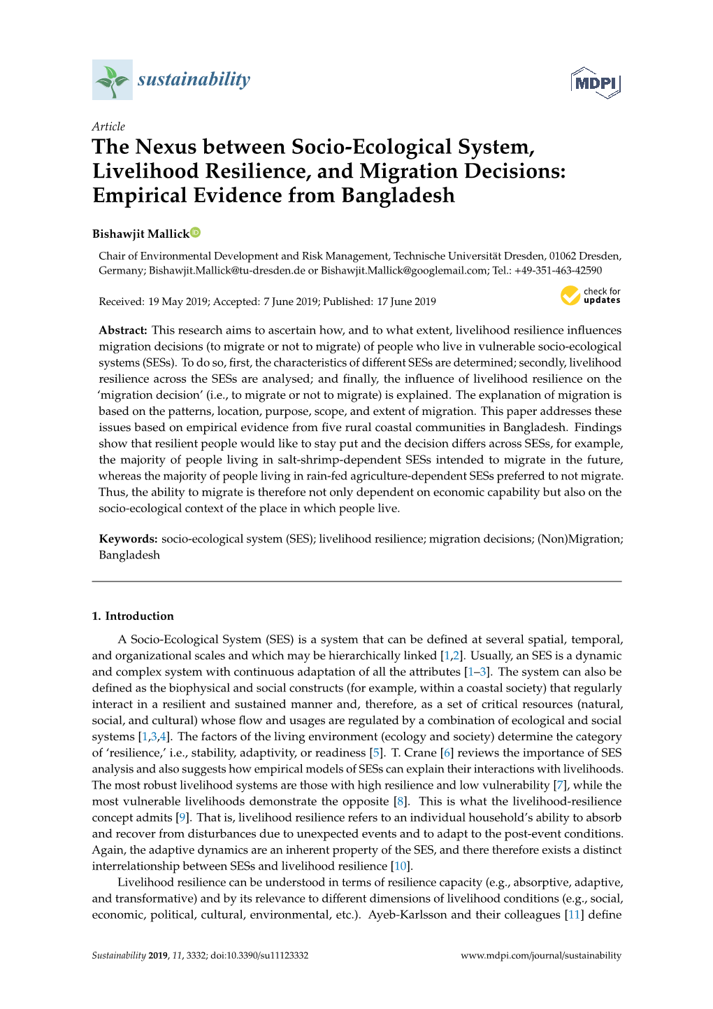 The Nexus Between Socio-Ecological System, Livelihood Resilience, and Migration Decisions: Empirical Evidence from Bangladesh