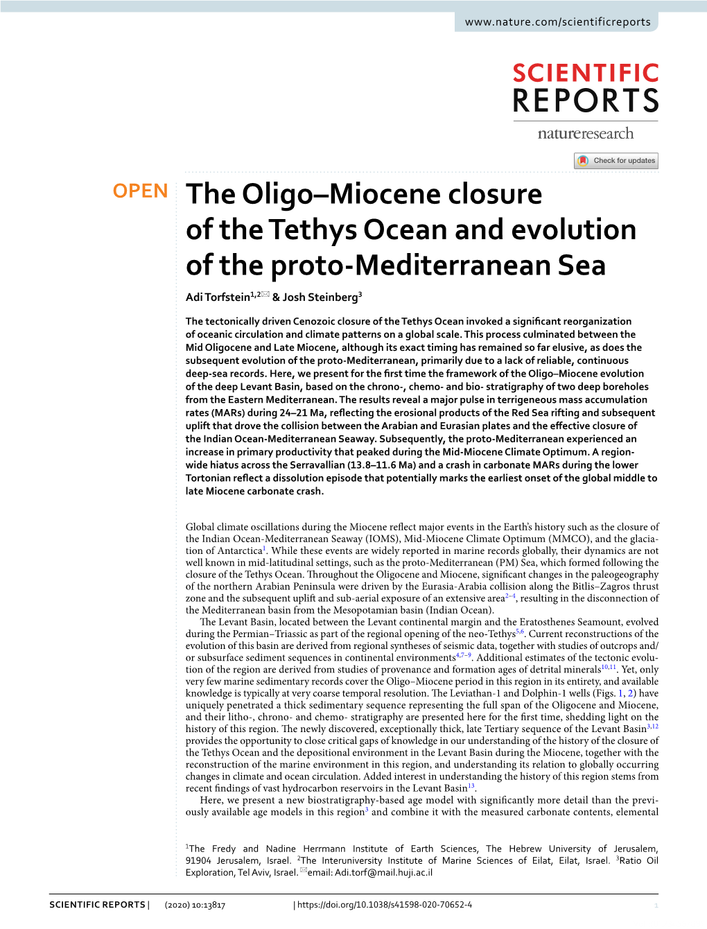 The Oligo–Miocene Closure of the Tethys Ocean and Evolution of the Proto‑Mediterranean Sea Adi Torfstein1,2* & Josh Steinberg3