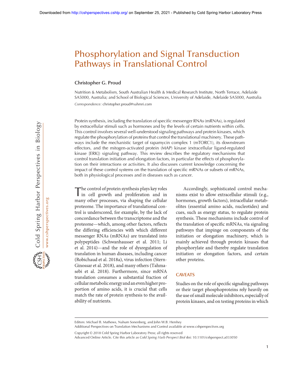 Phosphorylation and Signal Transduction Pathways in Translational Control