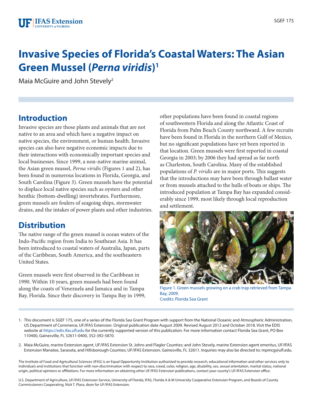 Invasive Species of Florida's Coastal Waters: the Asian Green Mussel