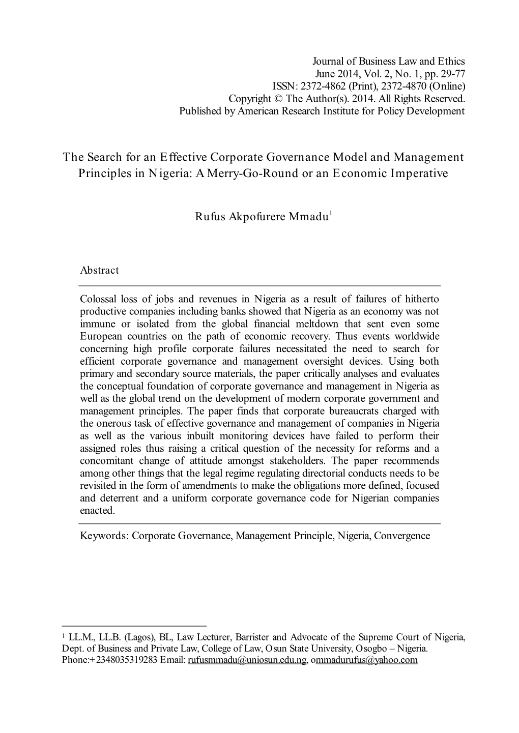 The Search for an Effective Corporate Governance Model and Management Principles in Nigeria: a Merry-Go-Round Or an Economic Imperative