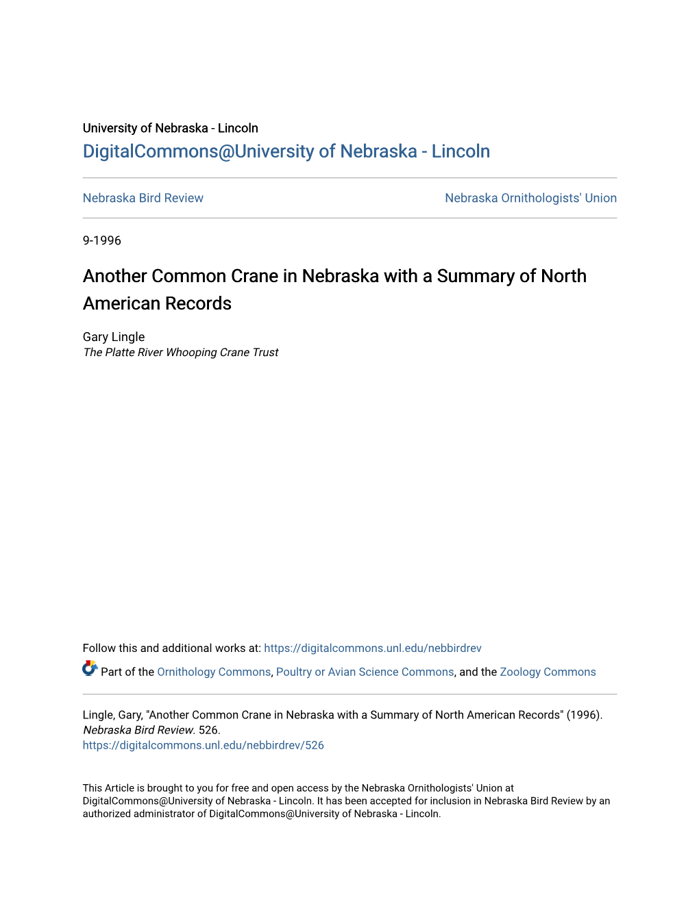 Another Common Crane in Nebraska with a Summary of North American Records