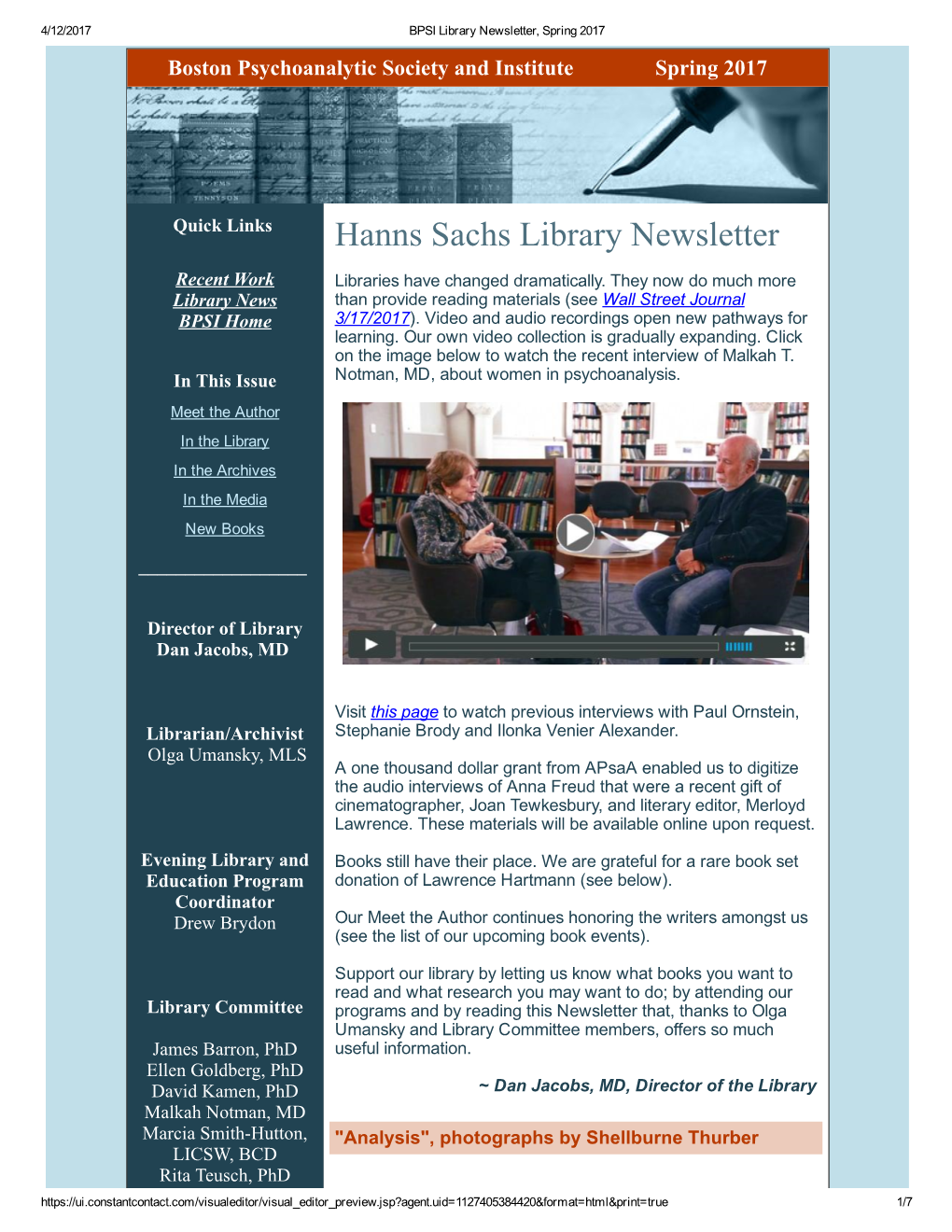 Hanns Sachs Library Newsletter