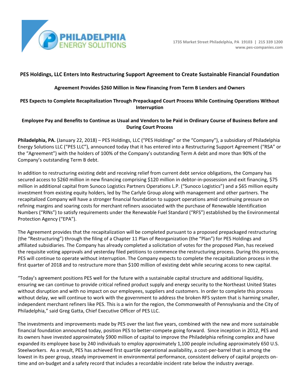 PES Holdings, LLC Enters Into Restructuring Support Agreement to Create Sustainable Financial Foundation