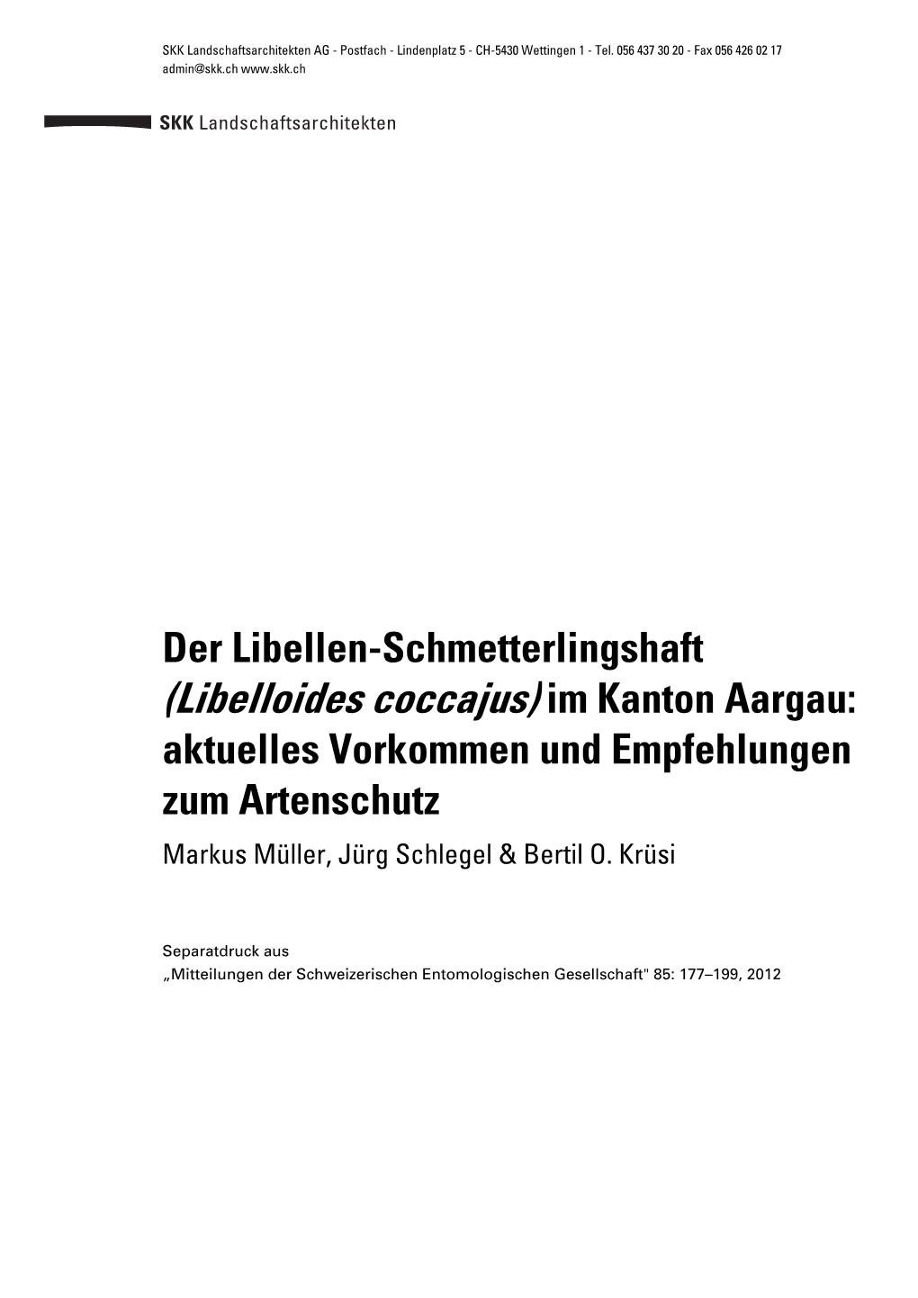 Libelloides Coccajus) Im Kanton Aargau: Aktuelles Vorkommen Und Empfehlungen Zum Artenschutz