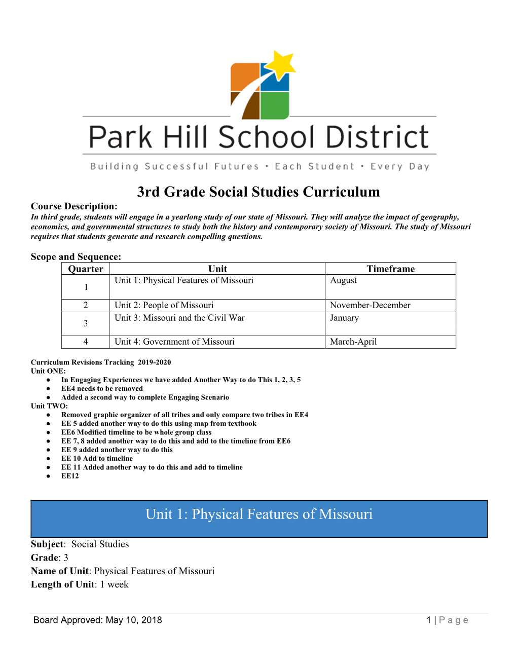 3Rd Grade Social Studies Curriculum Course Description: in Third Grade, Students Will Engage in a Yearlong Study of Our State of Missouri