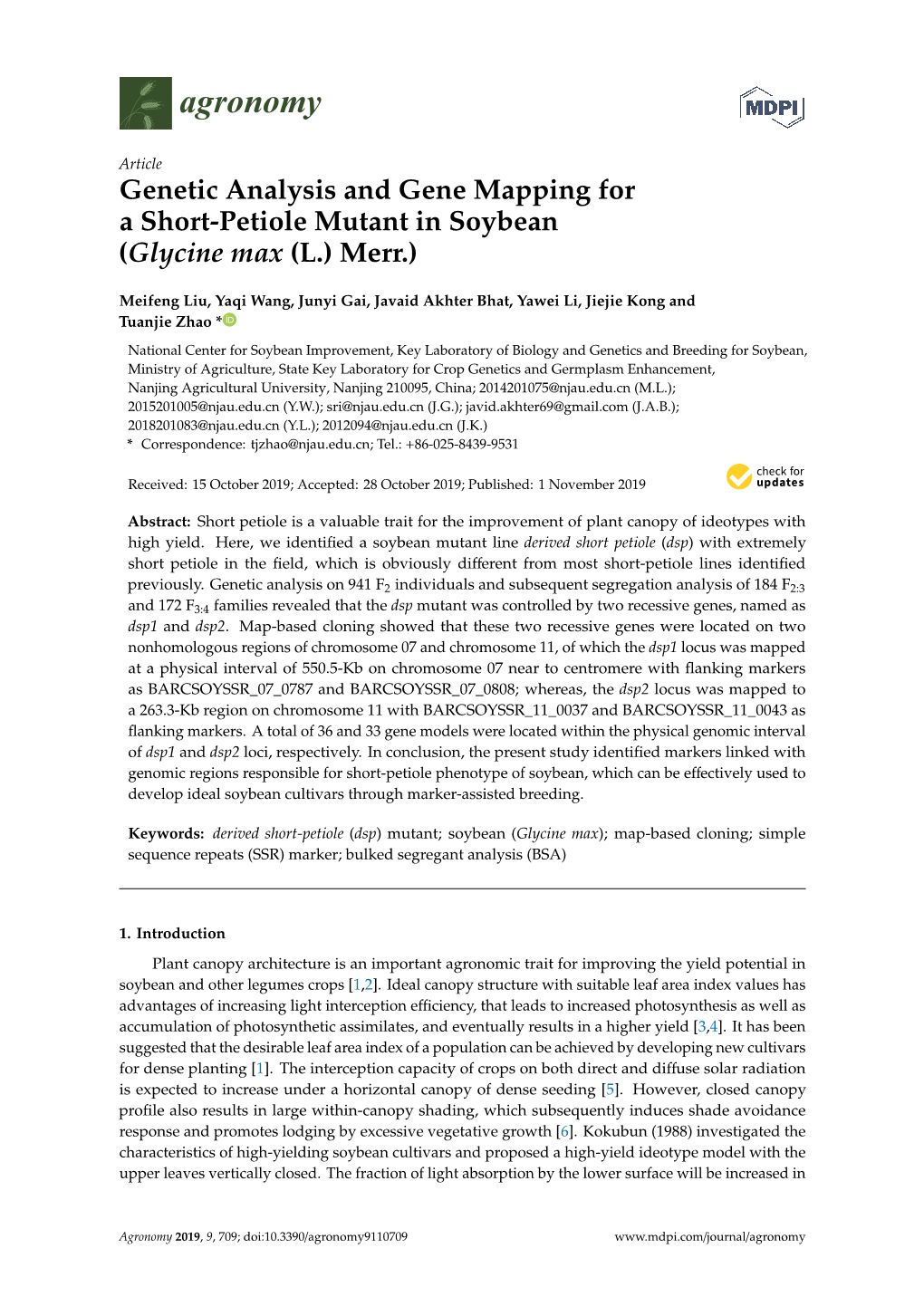 Genetic Analysis and Gene Mapping for a Short-Petiole Mutant in Soybean (Glycine Max (L.) Merr.)