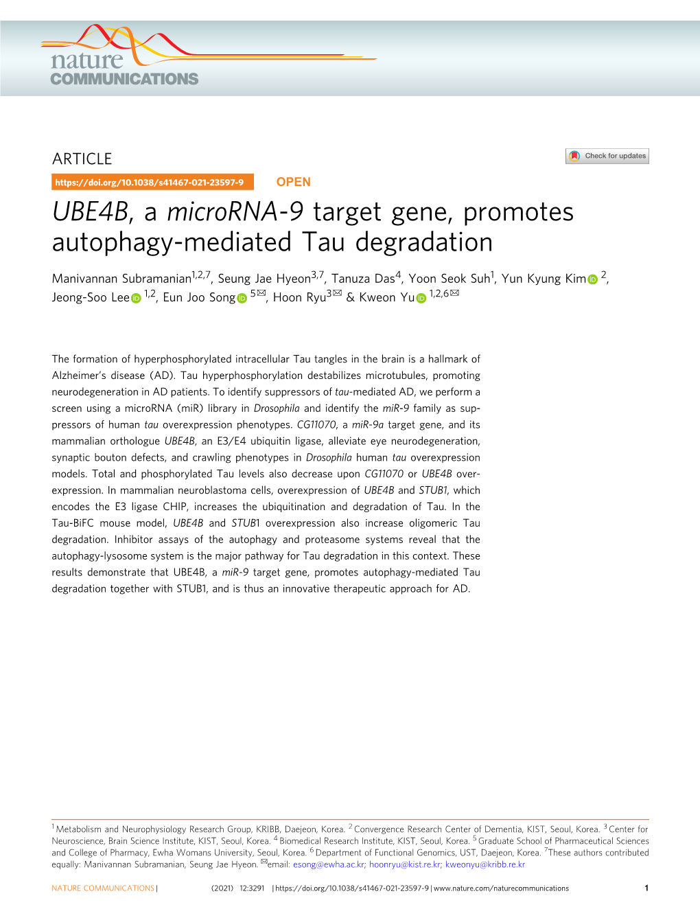 UBE4B, a Microrna-9 Target Gene, Promotes Autophagy-Mediated Tau