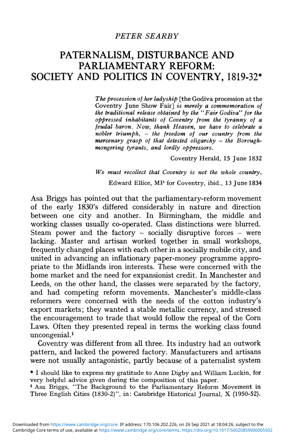 Paternalism, Disturbance and Parliamentary Reform: Society and Politics in Coventry, 1819-32*