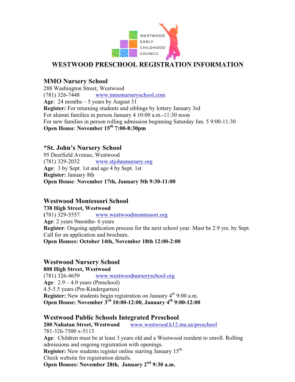 Westwood Preschool Registration Information