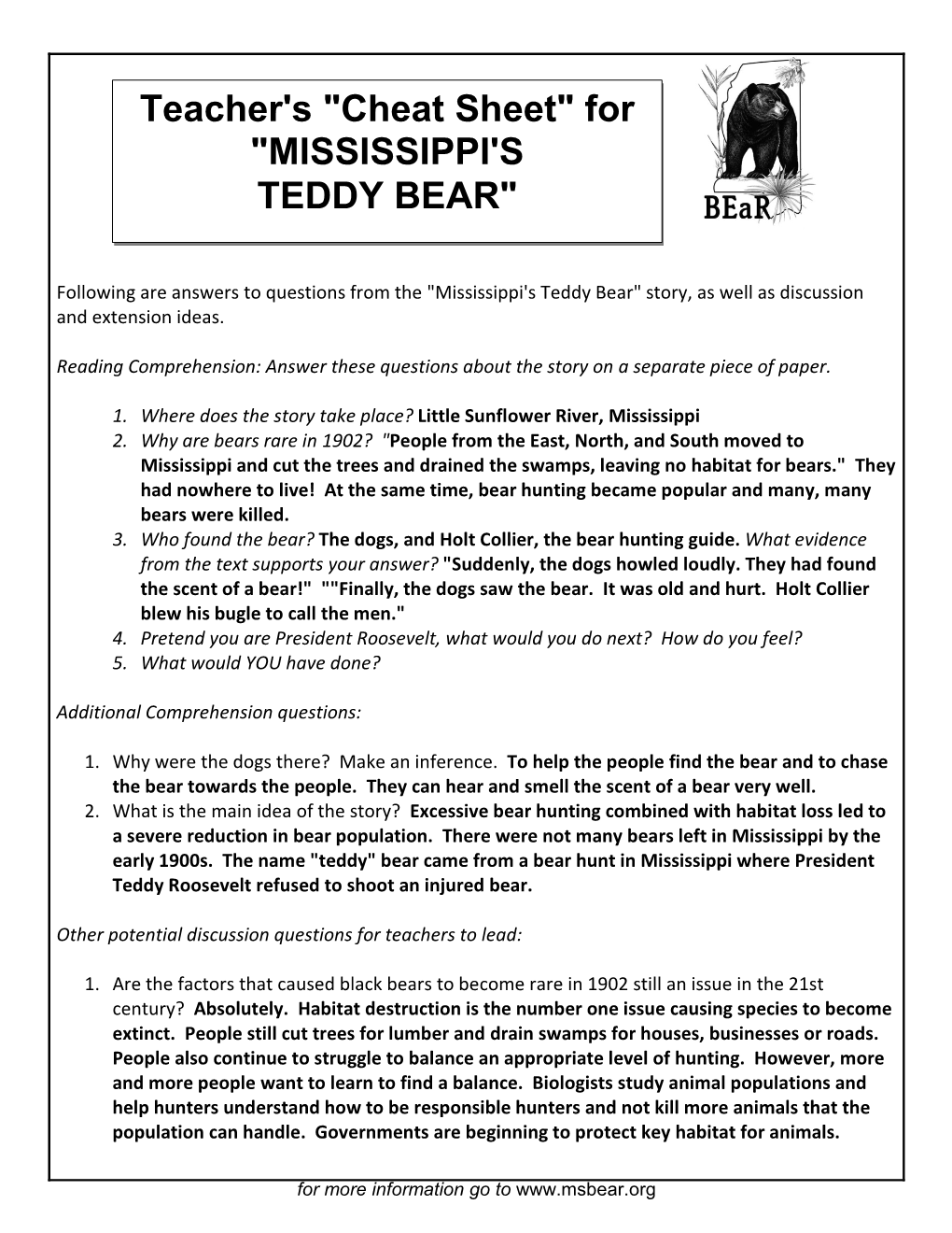 “Cheat Sheet” for the Story of the Teddy