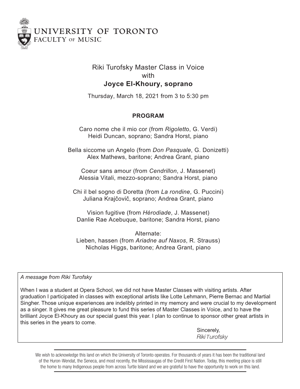 Riki Turofsky Master Class in Voice with Joyce El-Khoury, Soprano Thursday, March 18, 2021 from 3 to 5:30 Pm