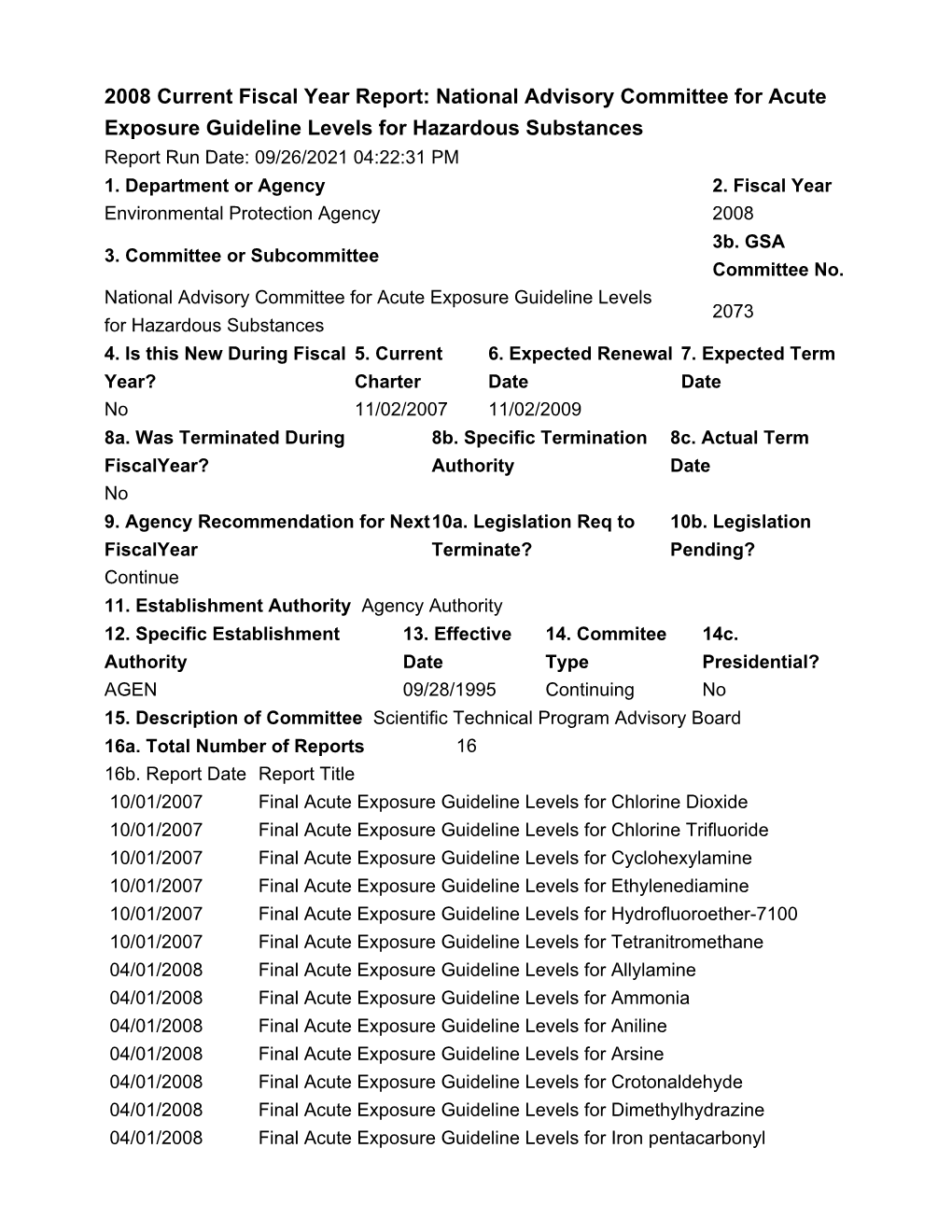 National Advisory Committee for Acute Exposure Guideline Levels for Hazardous Substances Report Run Date: 09/26/2021 04:22:31 PM 1