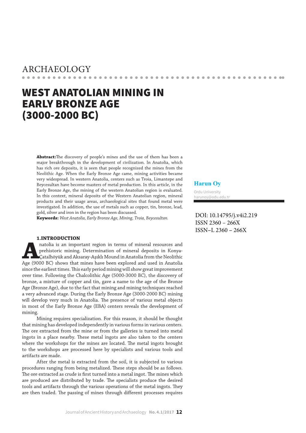 West Anatolian Mining in Early Bronze Age (3000-2000 Bc)
