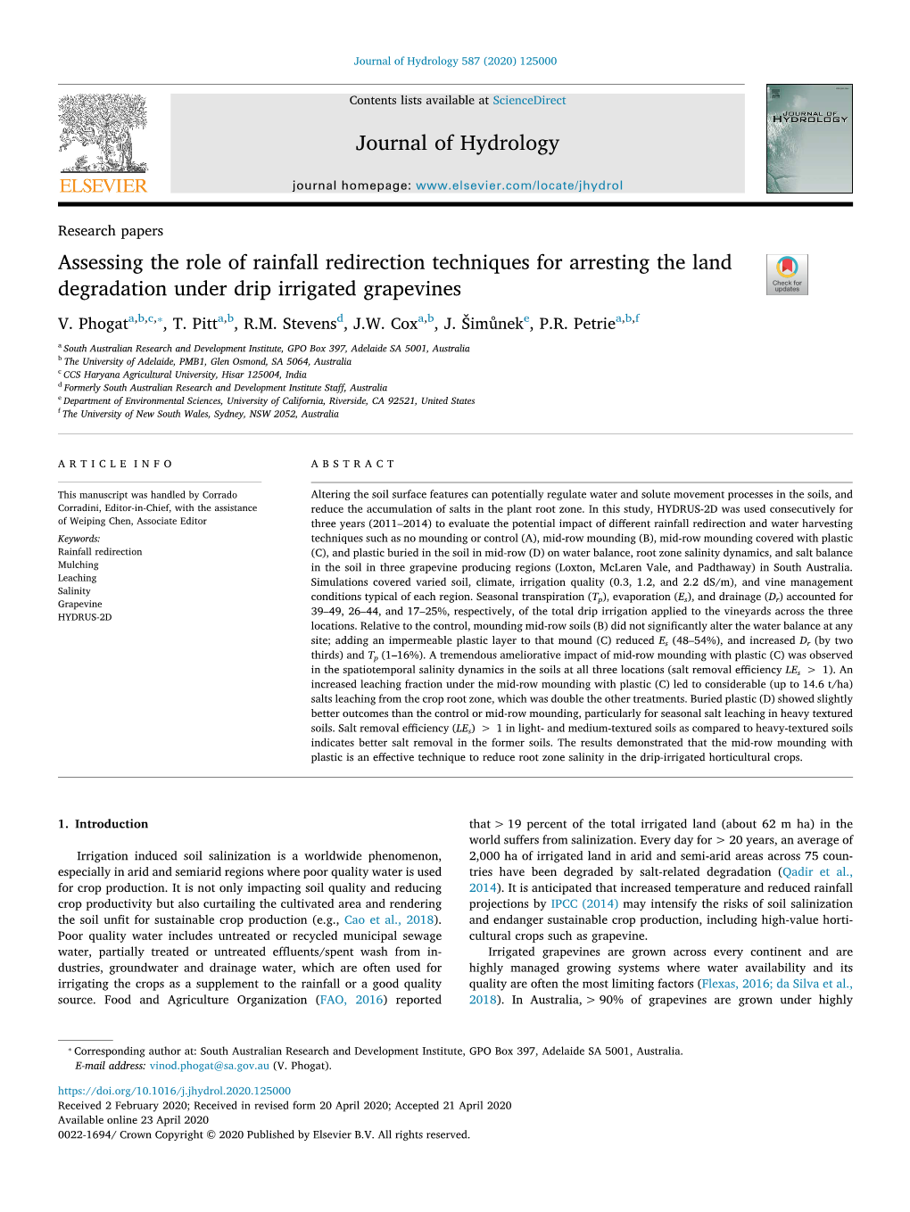 Assessing the Role of Rainfall Redirection Techniques for Arresting the Land T Degradation Under Drip Irrigated Grapevines ⁎ V