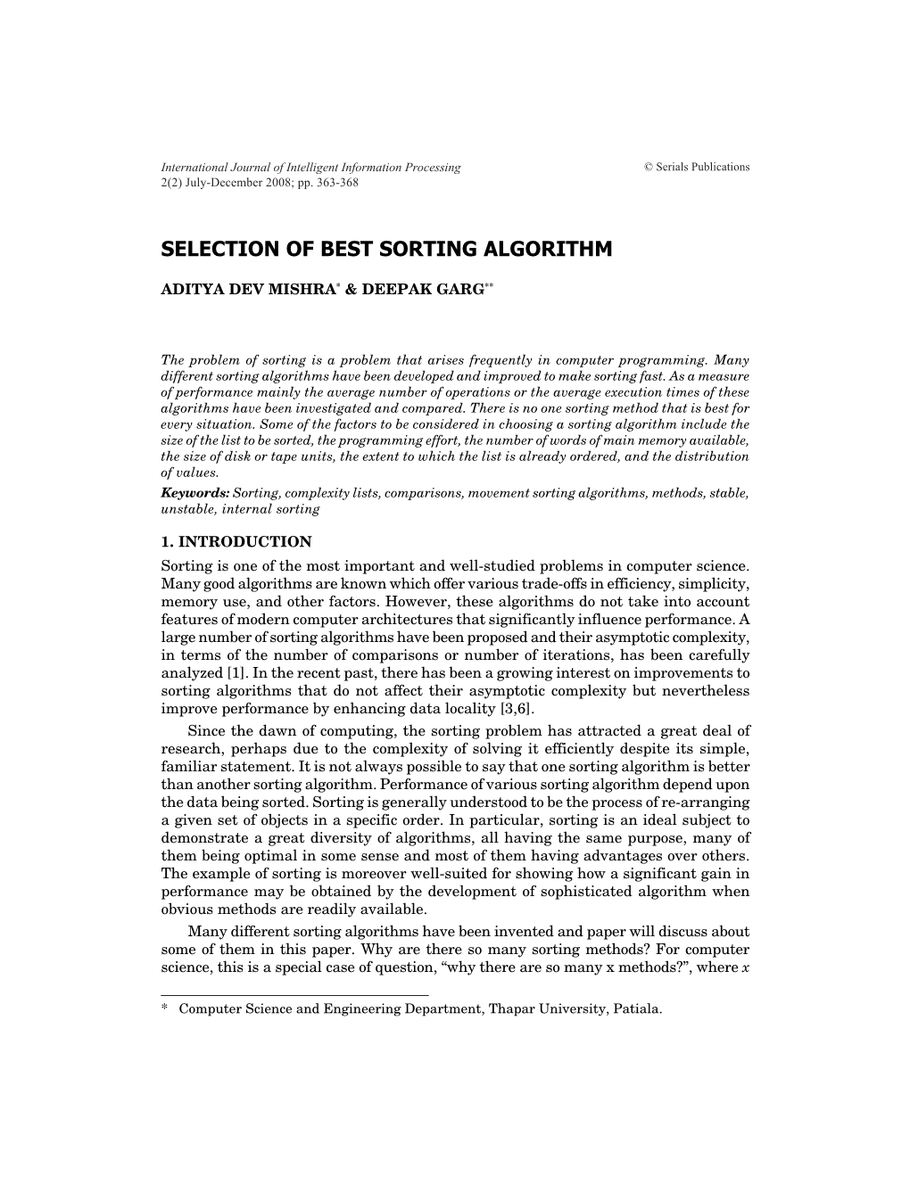 Selection O. Best Sorting Algorithm