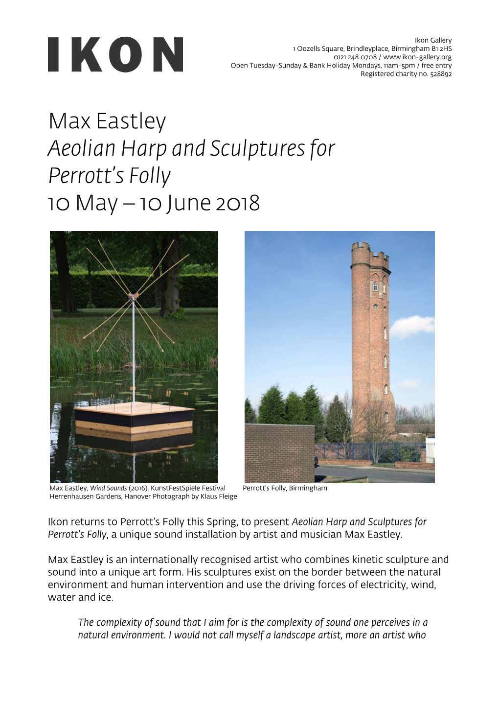 Max Eastley Aeolian Harp and Sculptures for Perrott's Folly 10 May