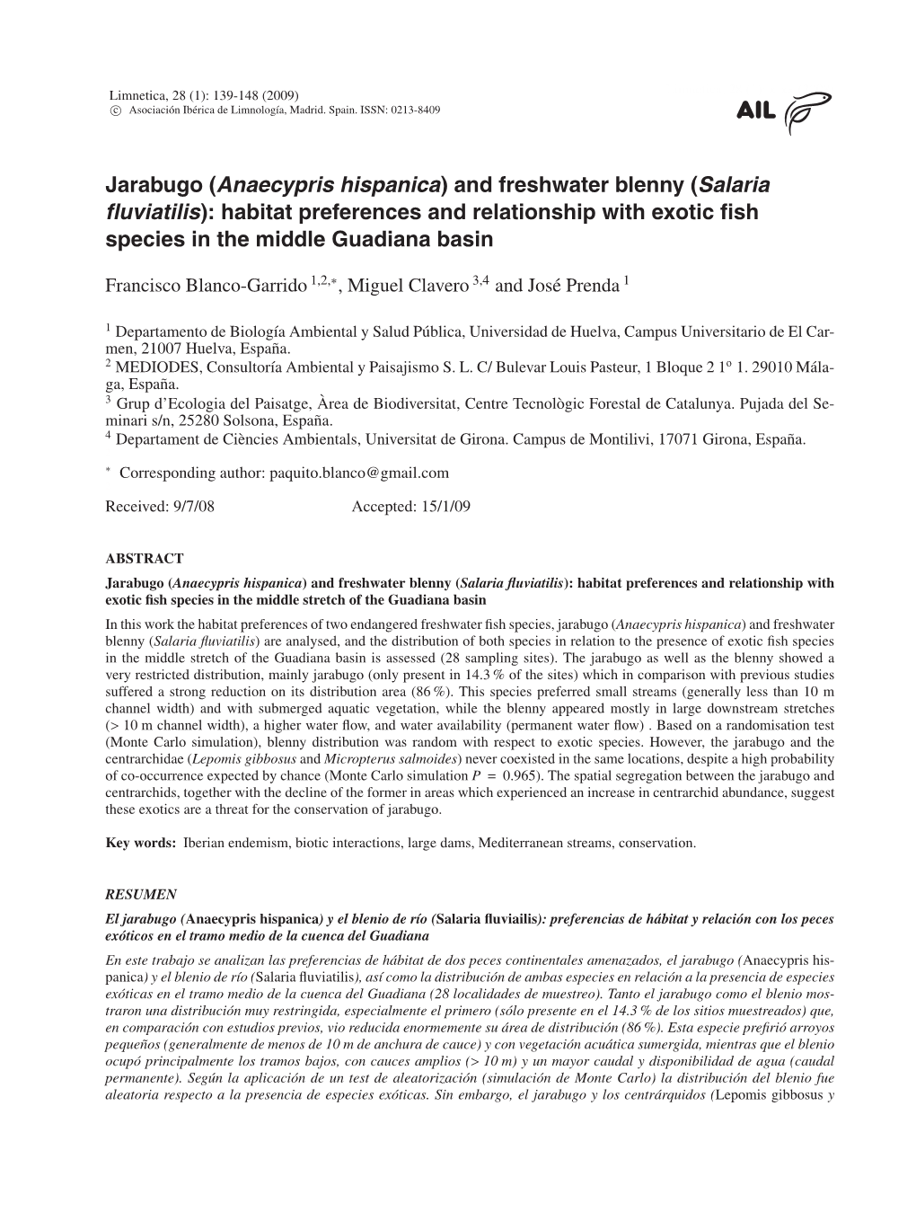 Jarabugo (Anaecypris Hispanica) and Freshwater Blenny (Salaria �Uviatilis): Habitat Preferences and Relationship with Exotic �Sh Species in the Middle Guadiana Basin