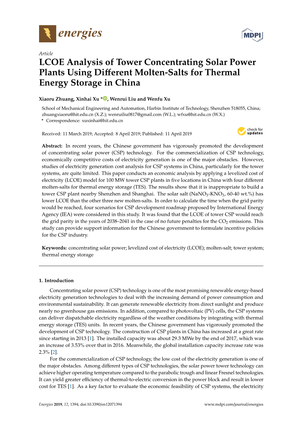 LCOE Analysis of Tower Concentrating Solar Power Plants Using Diﬀerent Molten-Salts for Thermal Energy Storage in China