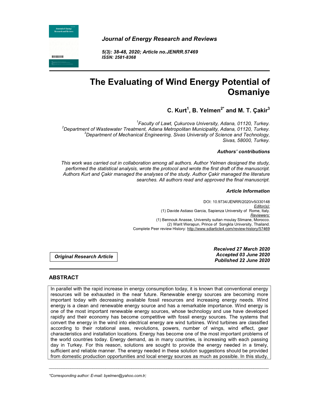 The Evaluating of Wind Energy Potential of Osmaniye