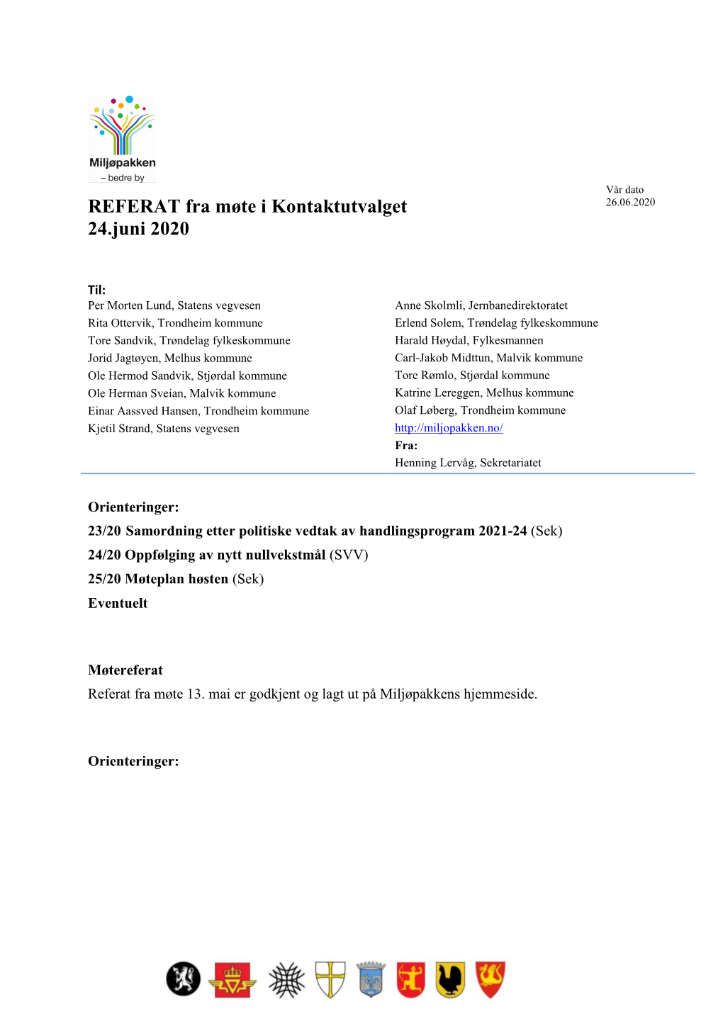 REFERAT Fra Møte I Kontaktutvalget 26.06.2020 24.Juni 2020