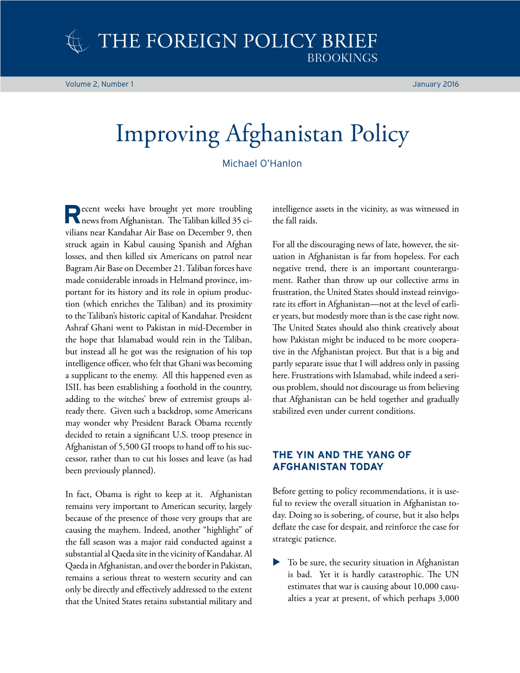 Improving Afghanistan Policy Michael O’Hanlon