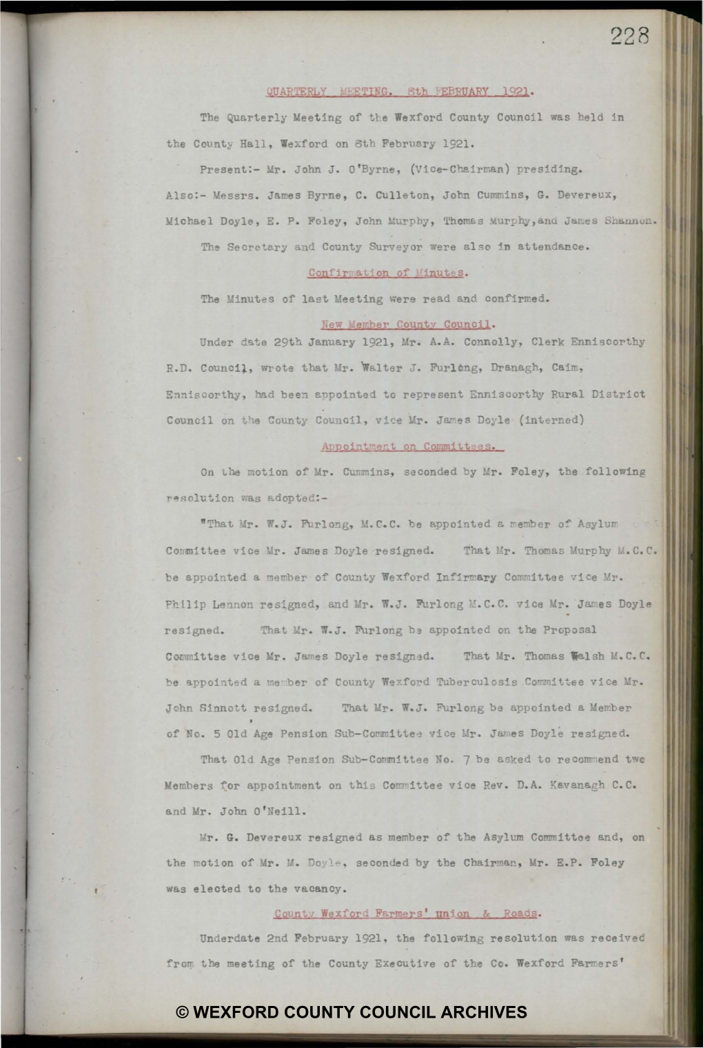 February 1921, the Following Resolution Was Received