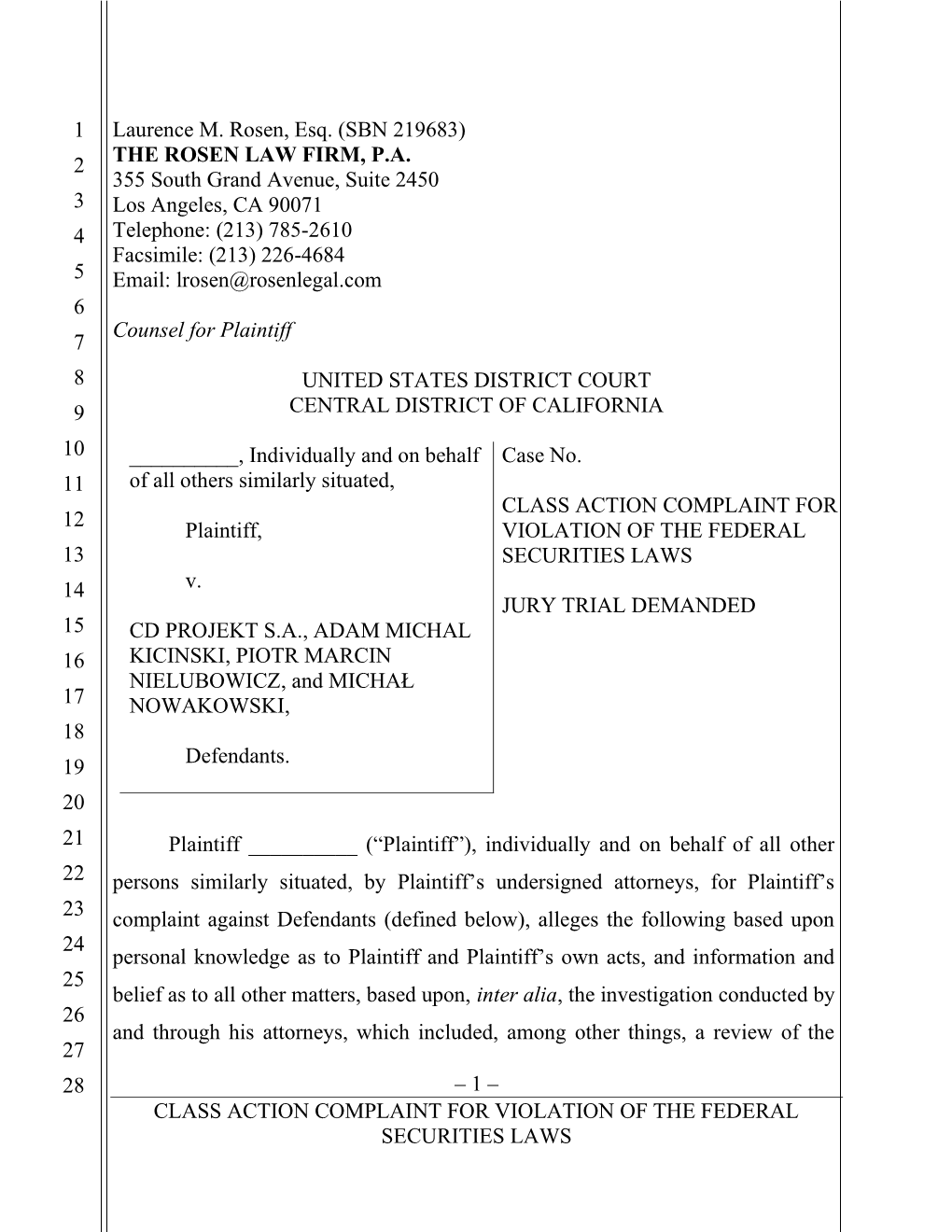 1 – Class Action Complaint for Violation of the Federal Securities Laws 1 2 3 4 5 6 7 8 9 10 11 12 13 14 15 16 17 18 19 20