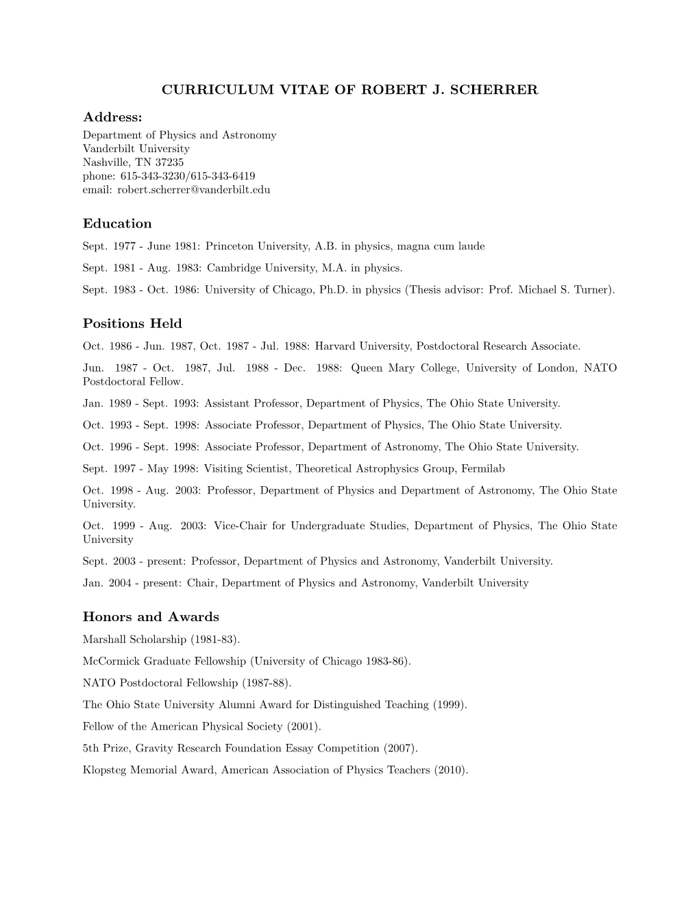 Curriculum Vitae of Robert J. Scherrer