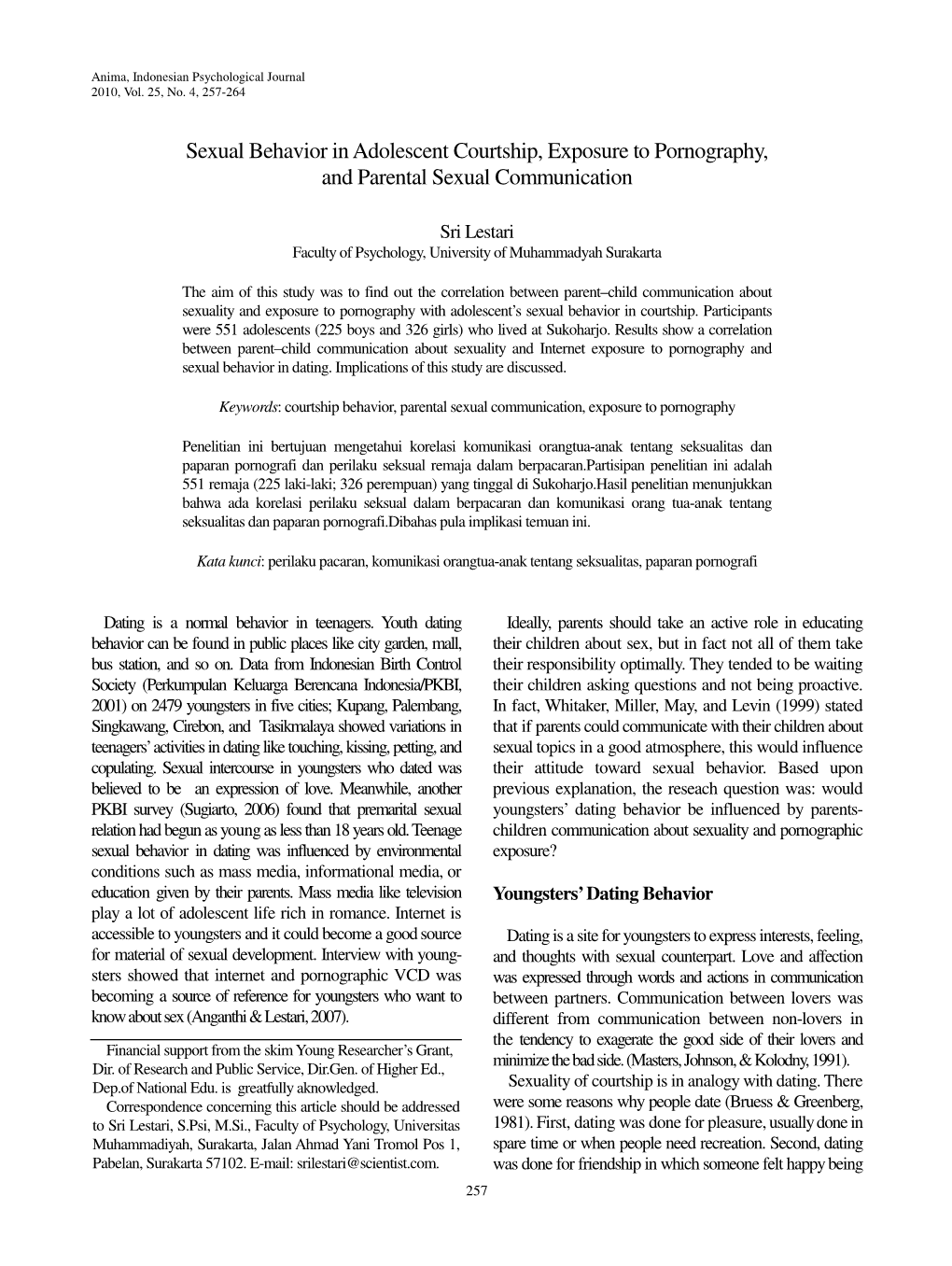 Sexual Behavior in Adolescent Courtship, Exposure to Pornography, and Parental Sexual Communication