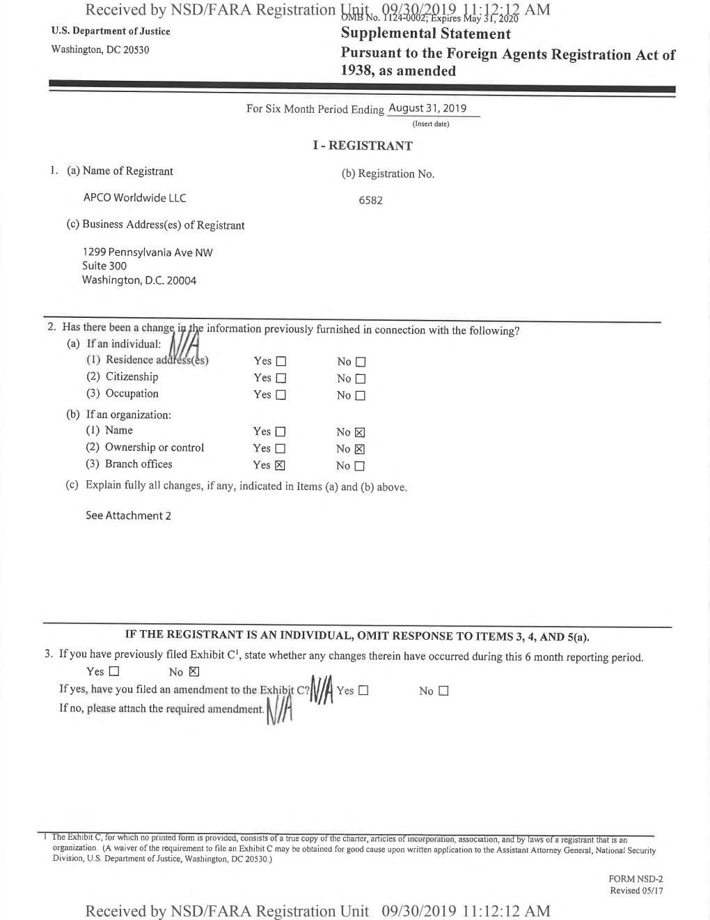 Received by NSD/FARA Registration Unit 09/30/2019 11:12:12 AM Received by NSD/FARA Registration Unit 09/30/2019 11:12:12 AM