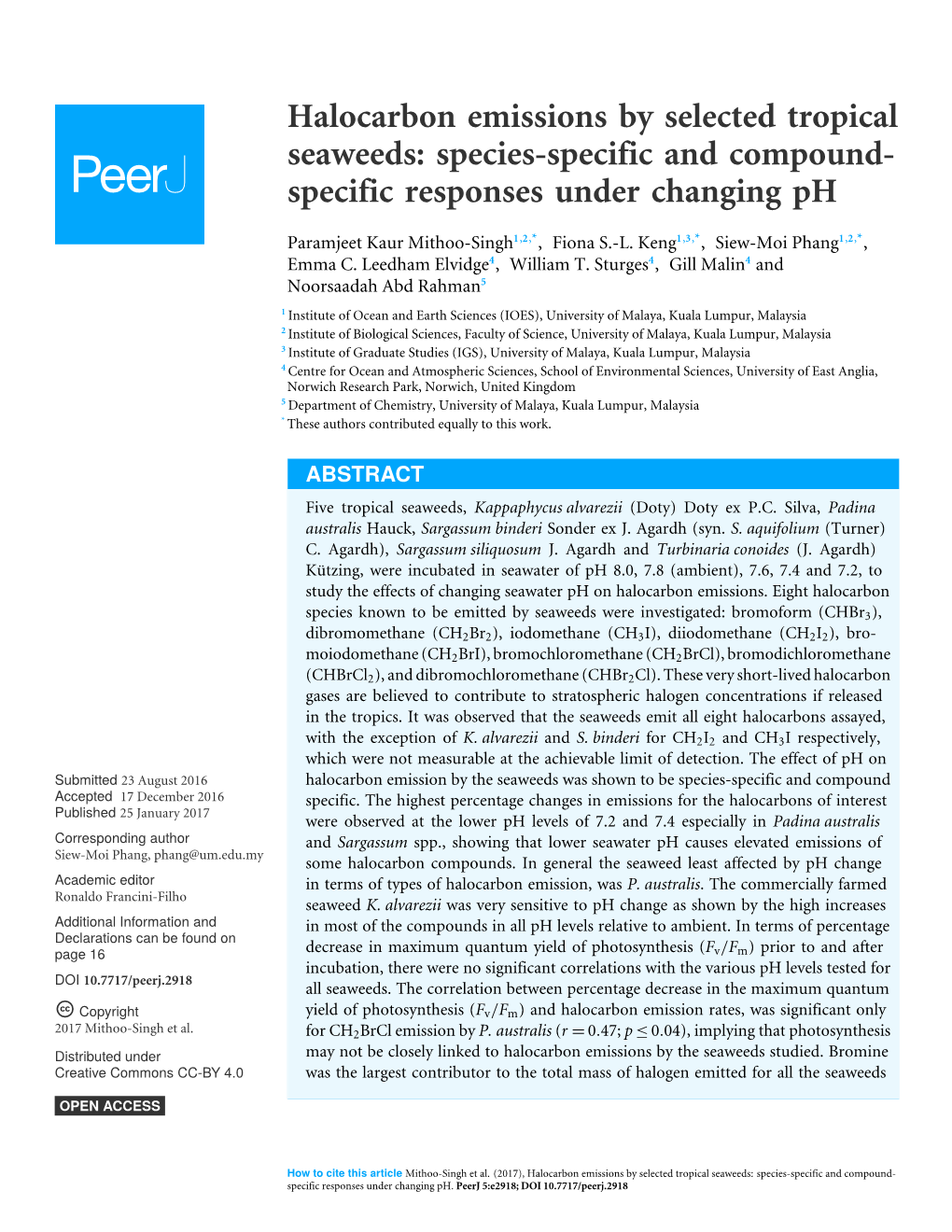 Halocarbon Emissions by Selected Tropical Seaweeds: Species-Specific and Compound- Specific Responses Under Changing Ph