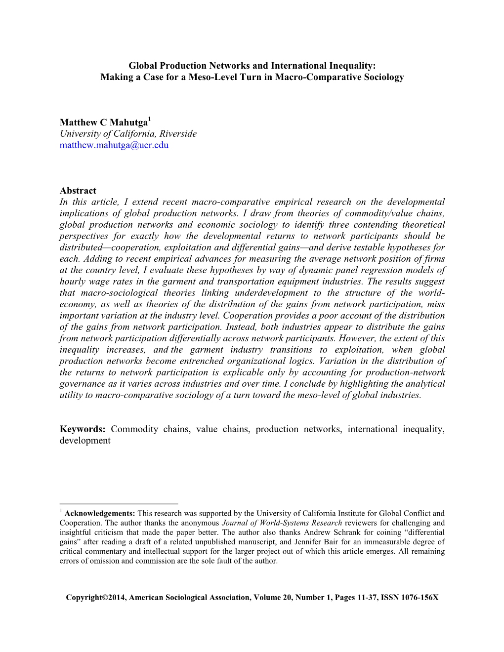 Global Production Networks and International Inequality: Making a Case for a Meso-Level Turn in Macro-Comparative Sociology