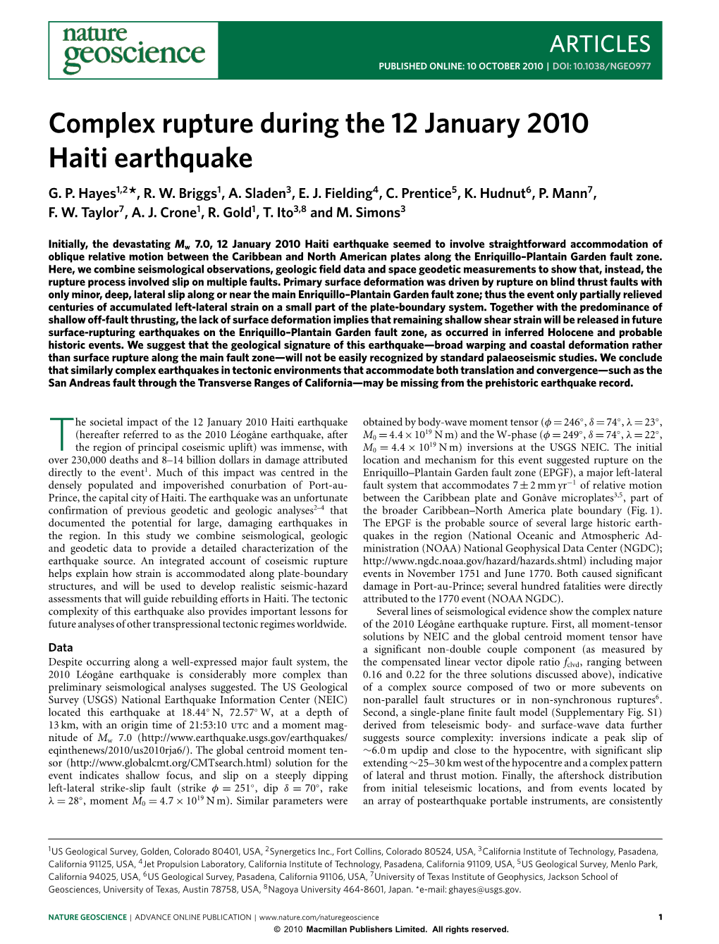 Complex Rupture During the 12 January 2010 Haiti Earthquake G