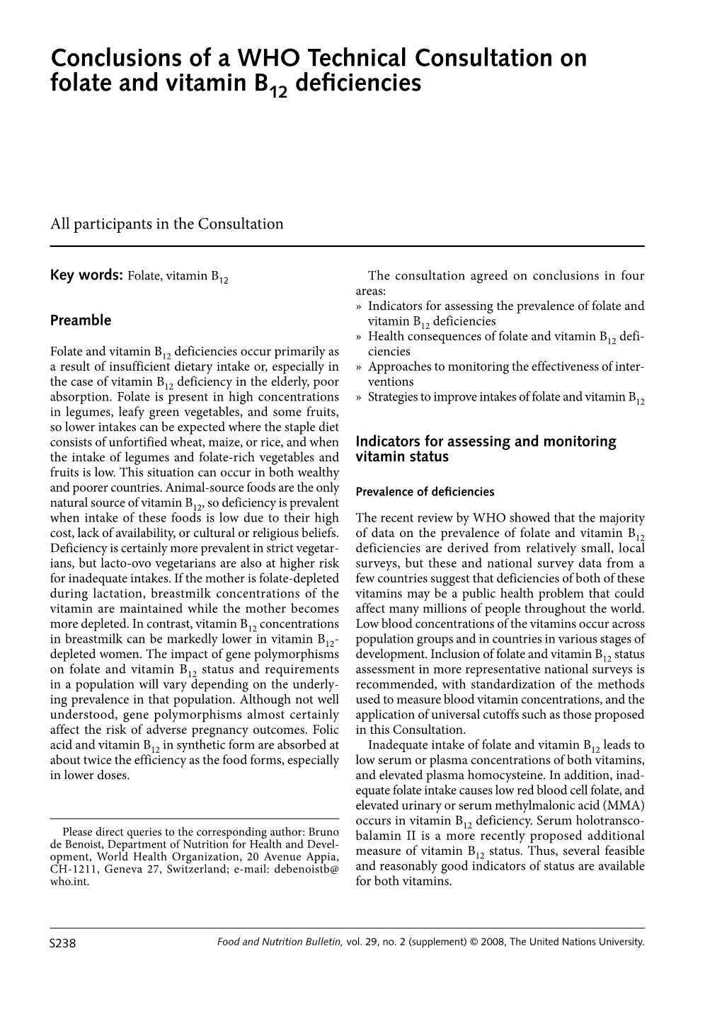 WHO Technical Consultation on Folate and Vitamin B12 Deficiencies