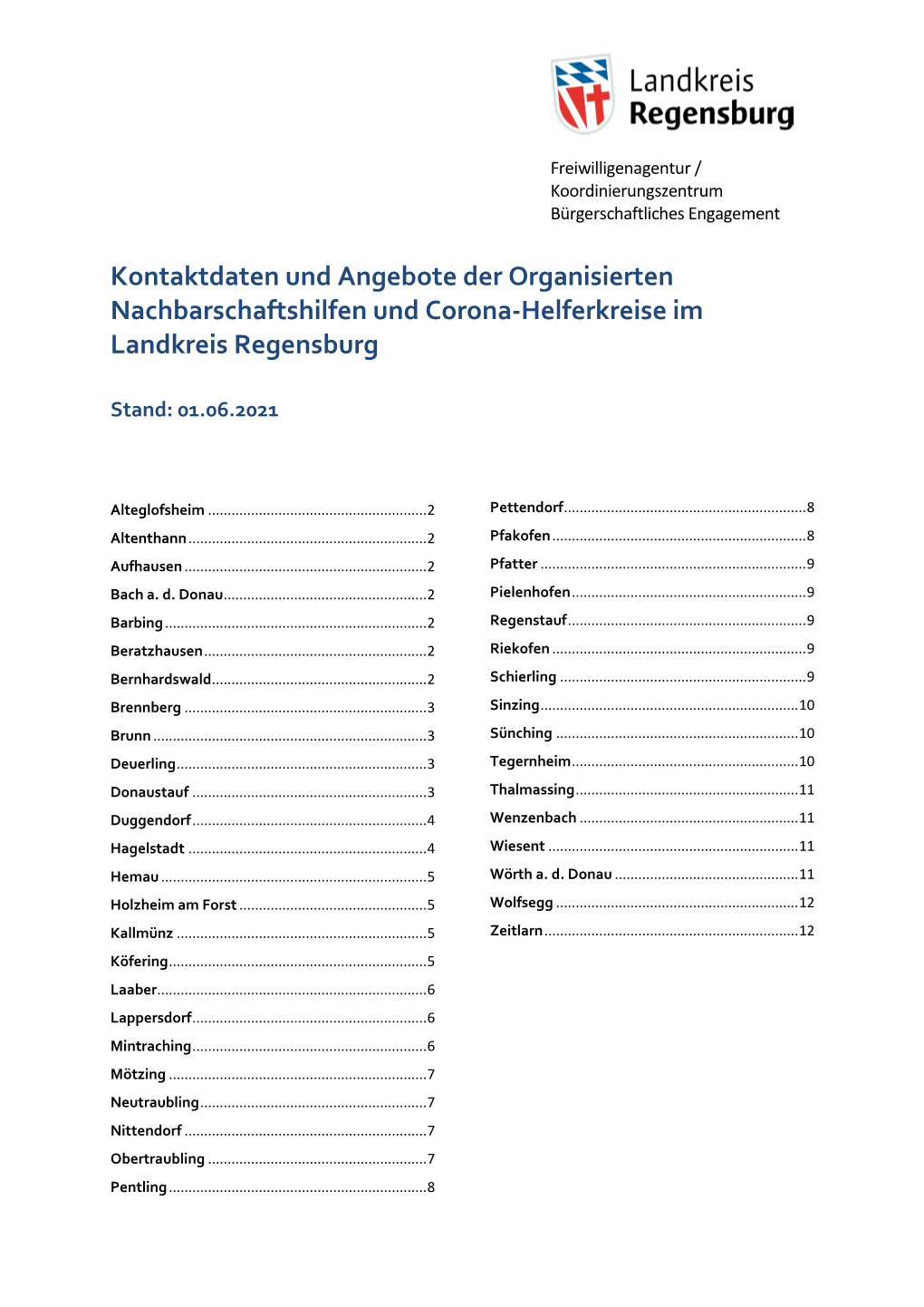 Kontaktdaten Und Angebote Der Organisierten Nachbarschaftshilfen Und Corona-Helferkreise Im Landkreis Regensburg