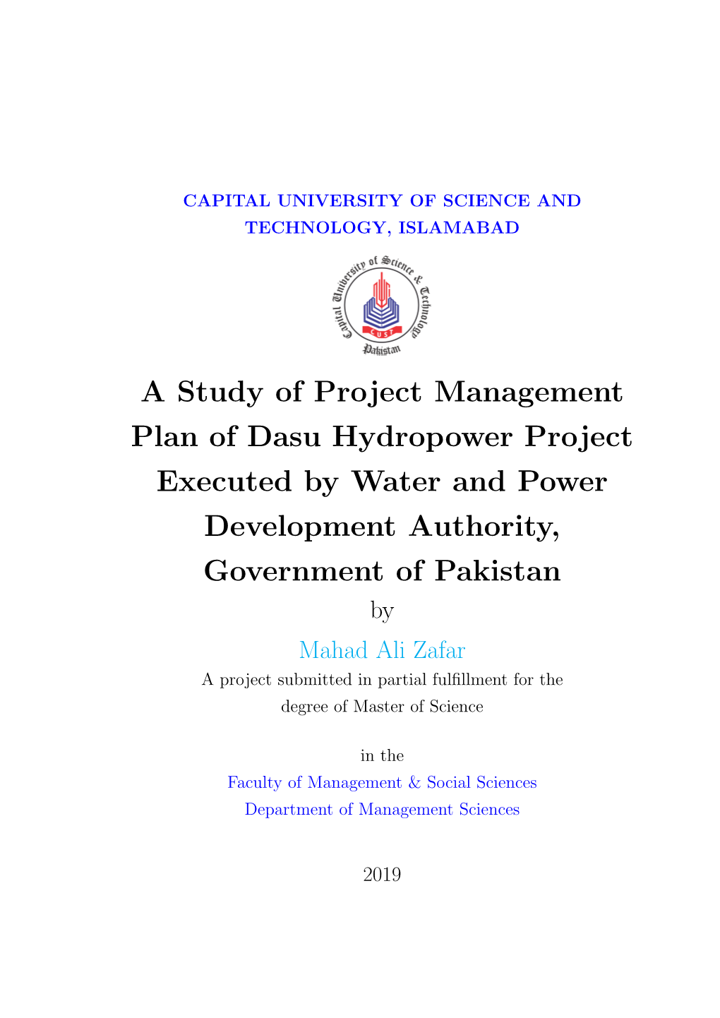 A Study of Project Management Plan of Dasu Hydropower Project