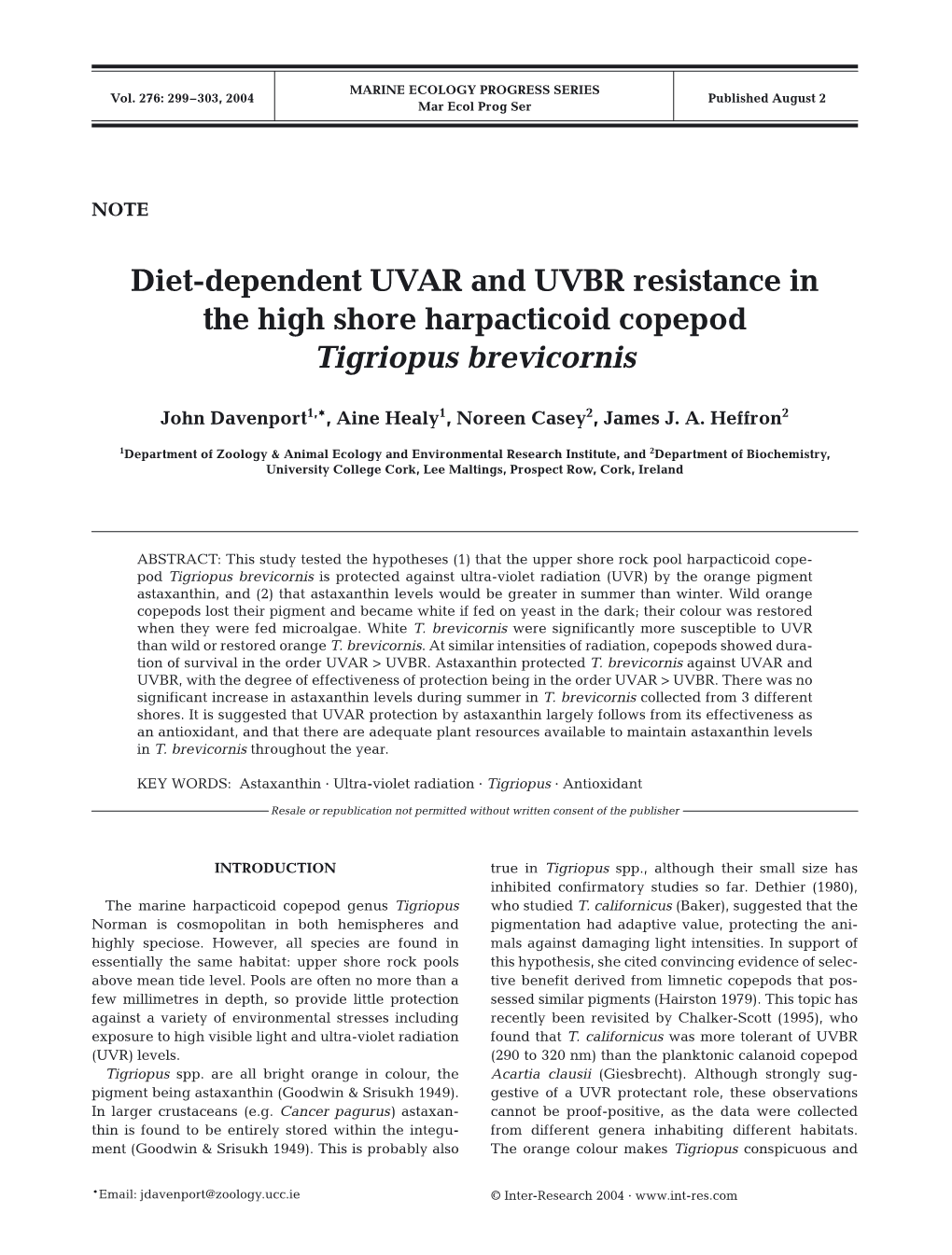 Diet-Dependent UVAR and UVBR Resistance in the High Shore Harpacticoid Copepod Tigriopus Brevicornis