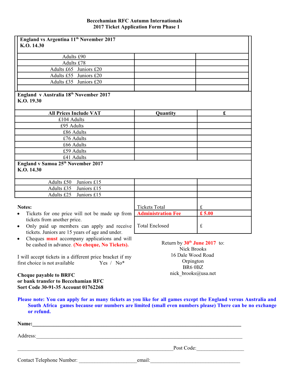 Hampstead International Ticket Application