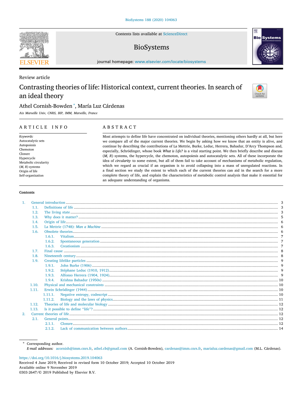 Contrasting Theories of Life: Historical Context, Current Theories