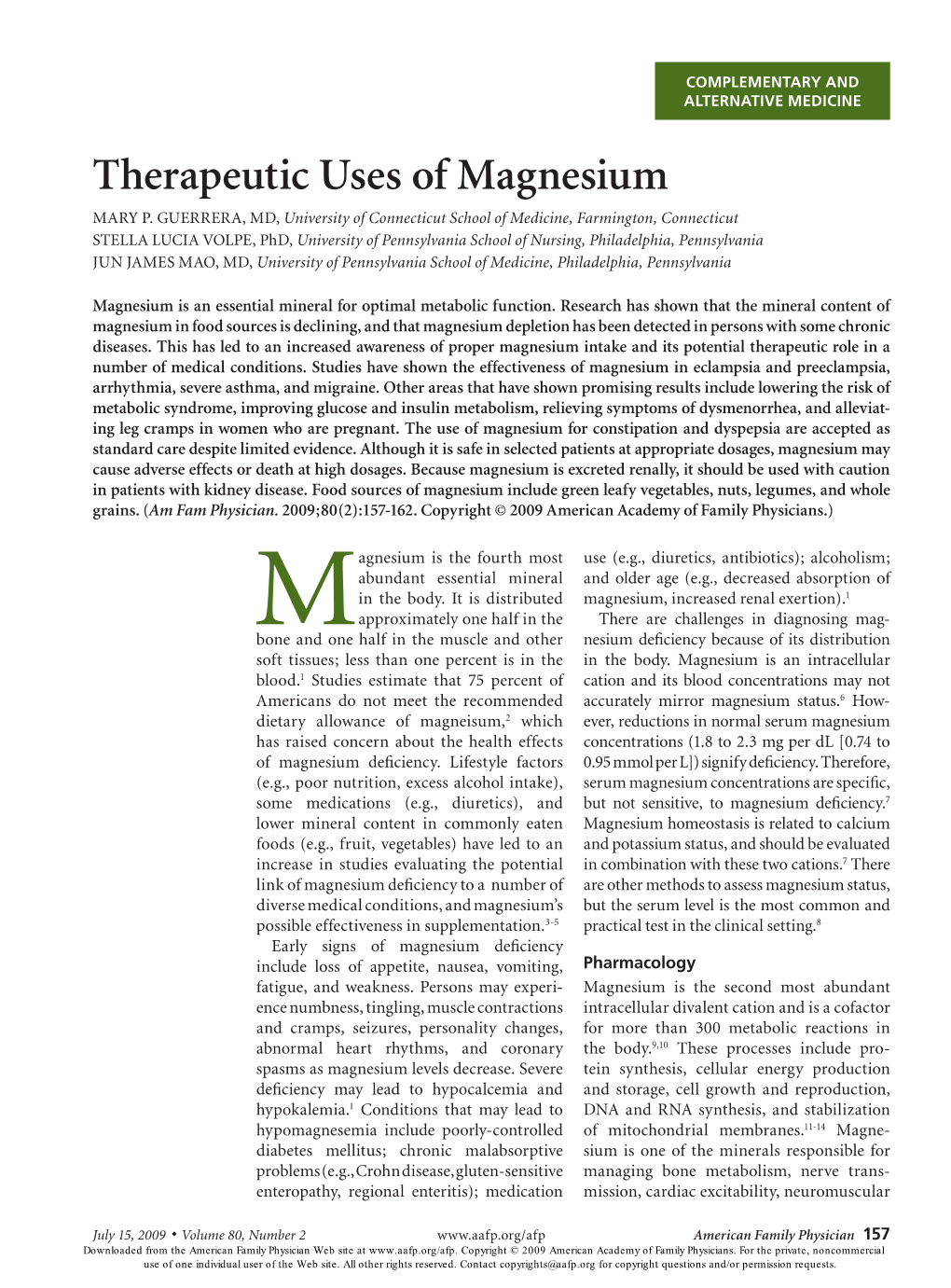 Therapeutic Uses of Magnesium MARY P