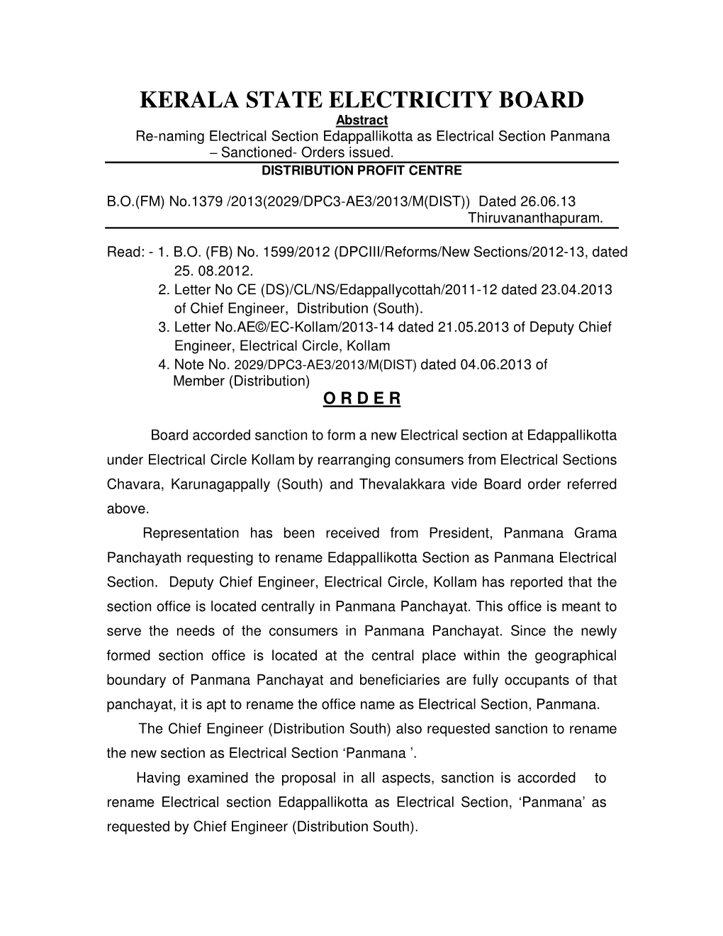 KERALA STATE ELECTRICITY BOARD Abstract Re-Naming Electrical Section Edappallikotta As Electrical Section Panmana – Sanctioned- Orders Issued