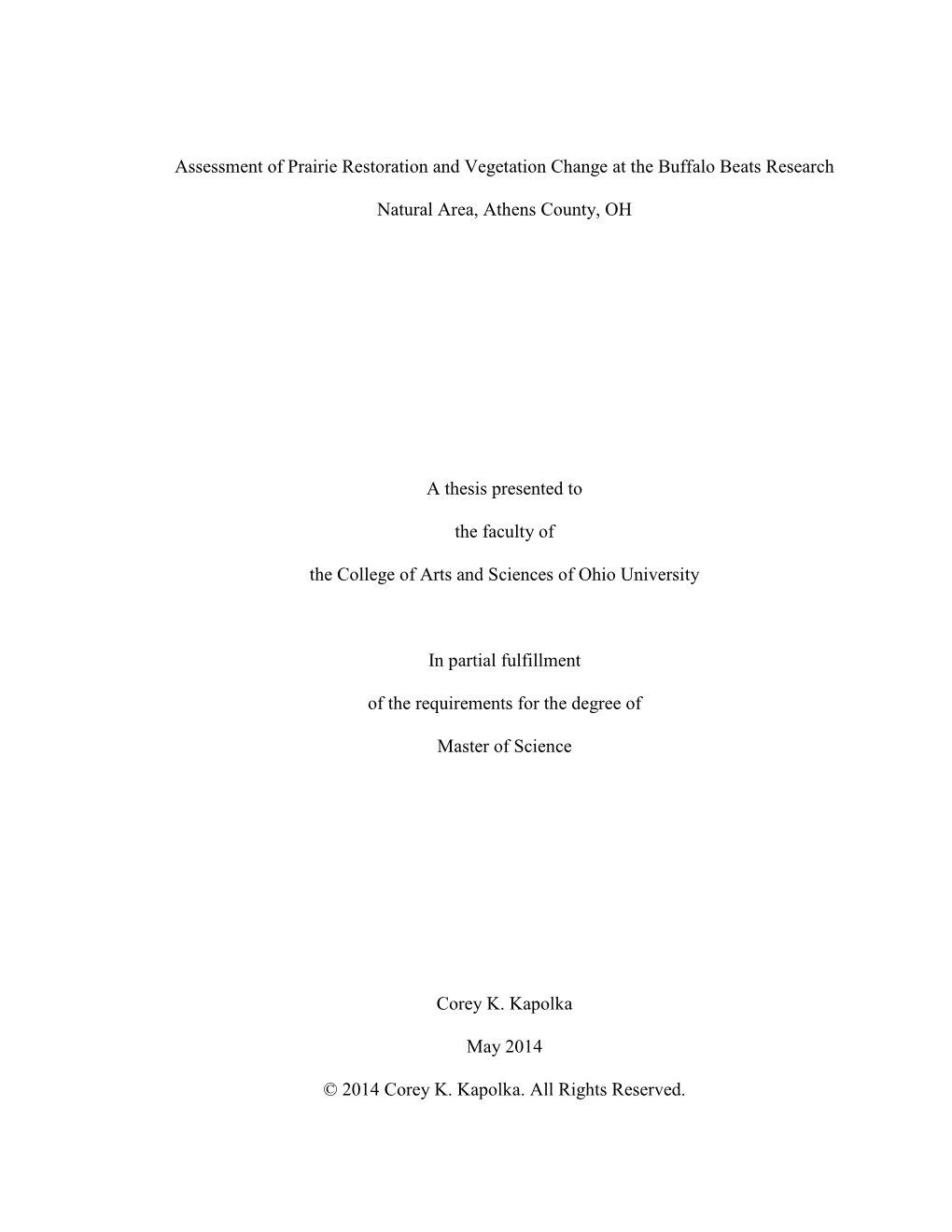 Assessment of Prairie Restoration and Vegetation Change at the Buffalo Beats Research