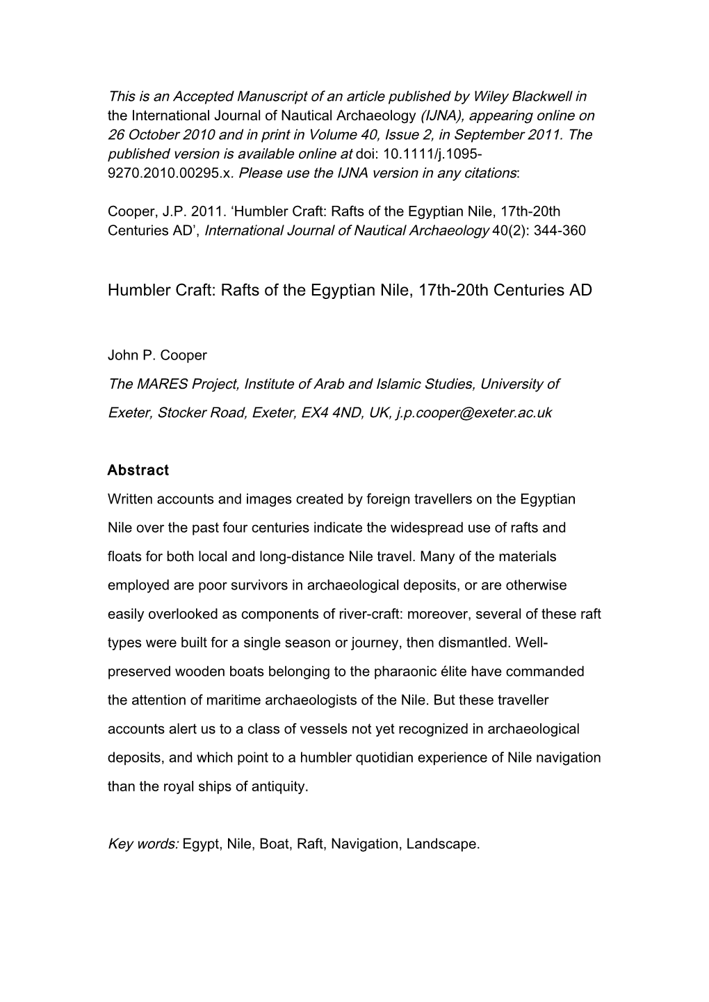 Humbler Craft: Rafts of the Egyptian Nile, 17Th-20Th Centuries AD’, International Journal of Nautical Archaeology 40(2): 344-360